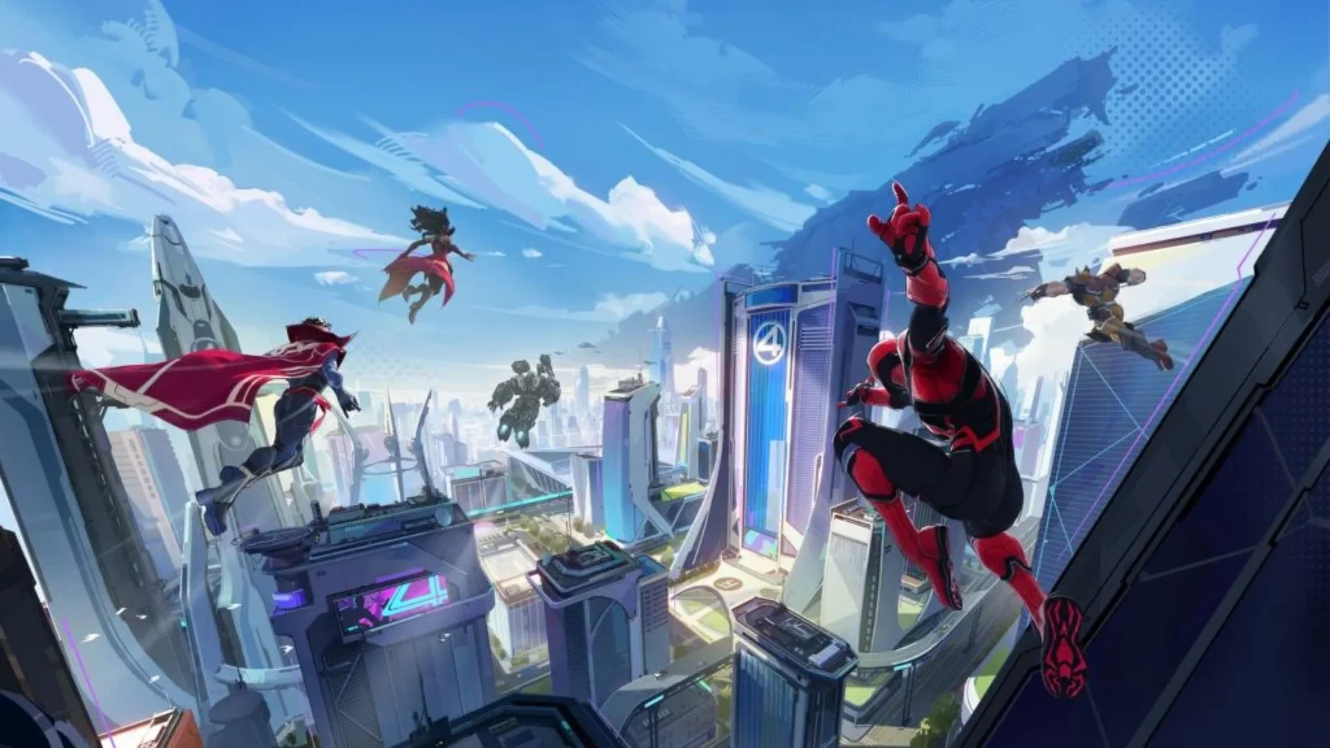 Marvel heroes move across a futuristic city in alleged leaked Project Comet footage showing four-player co-op.