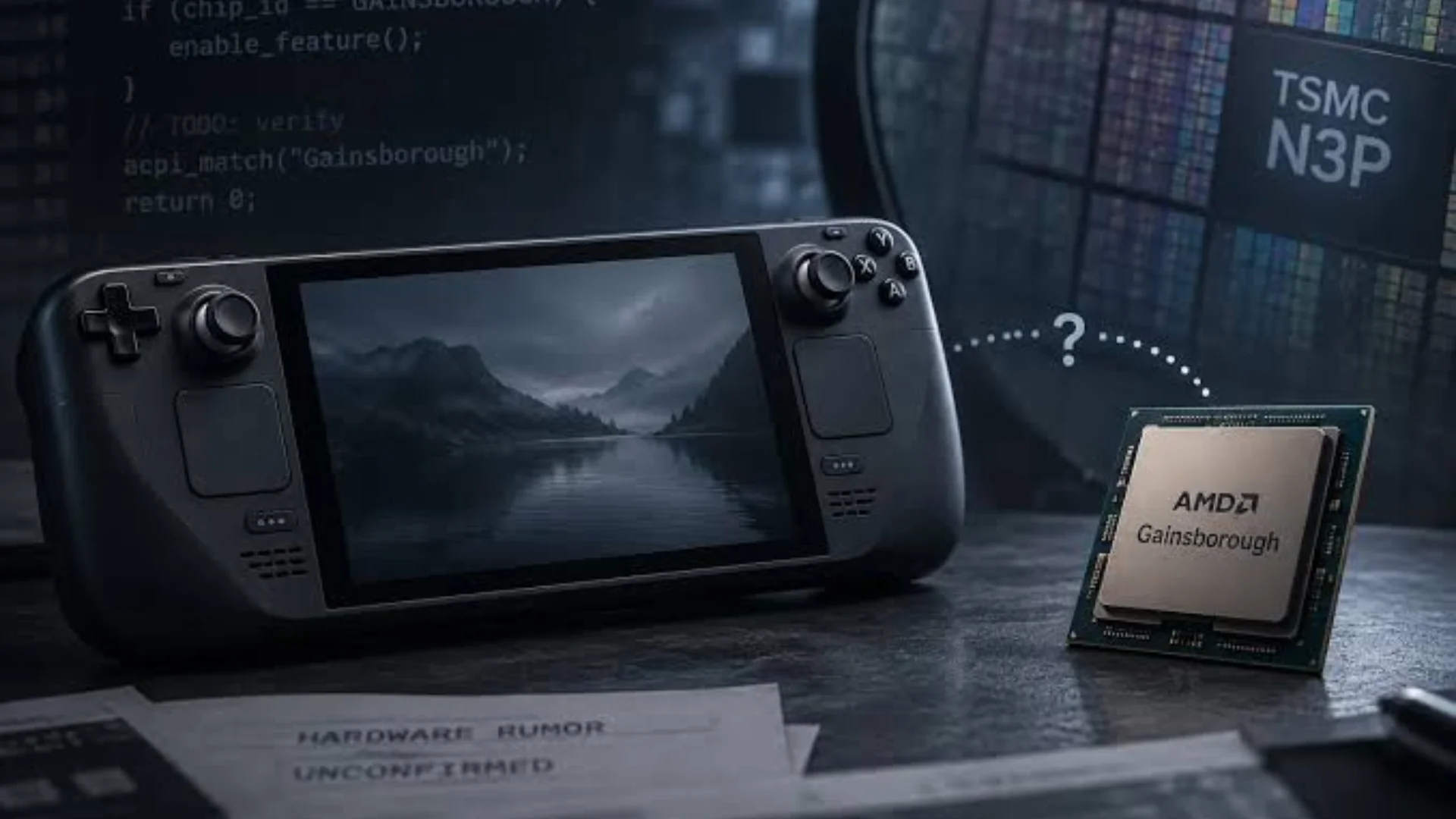 A Steam Deck sits beside an AMD Gainsborough processor graphic with TSMC N3P and hardware code in the background.