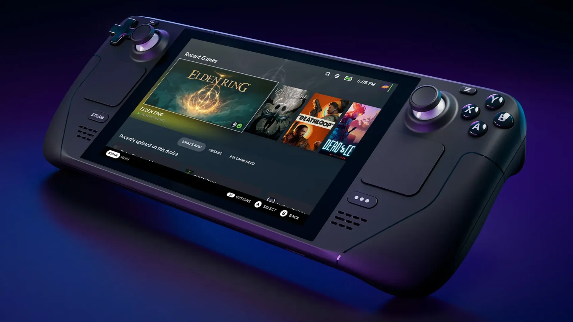 A Valve Steam Deck displays the Steam library with Elden Ring and other games visible on the screen.