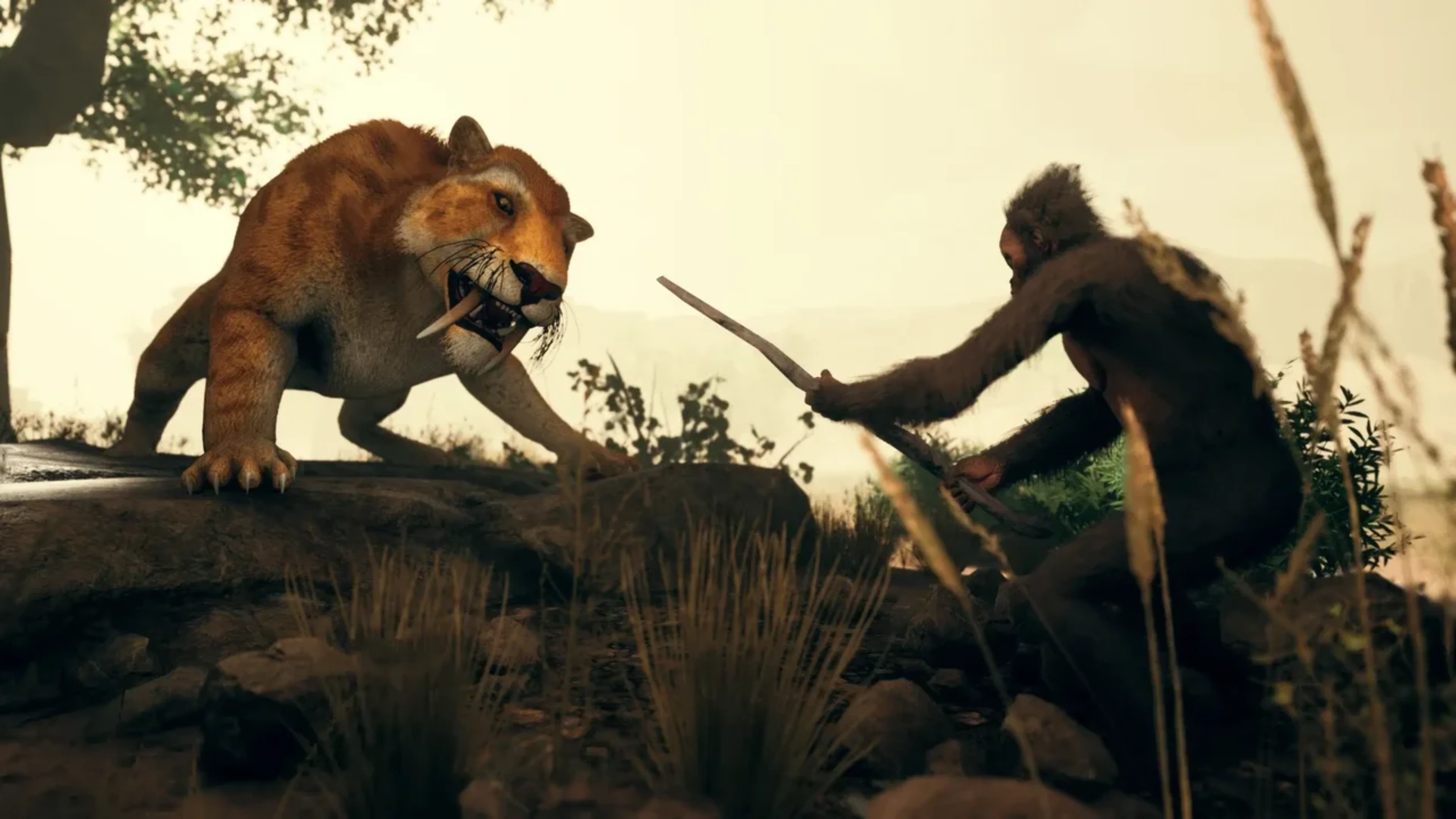 A prehistoric ape holding a wooden stick confronts a large sabertooth predator on a rocky hillside in Ancestors: The Humankind Odyssey.