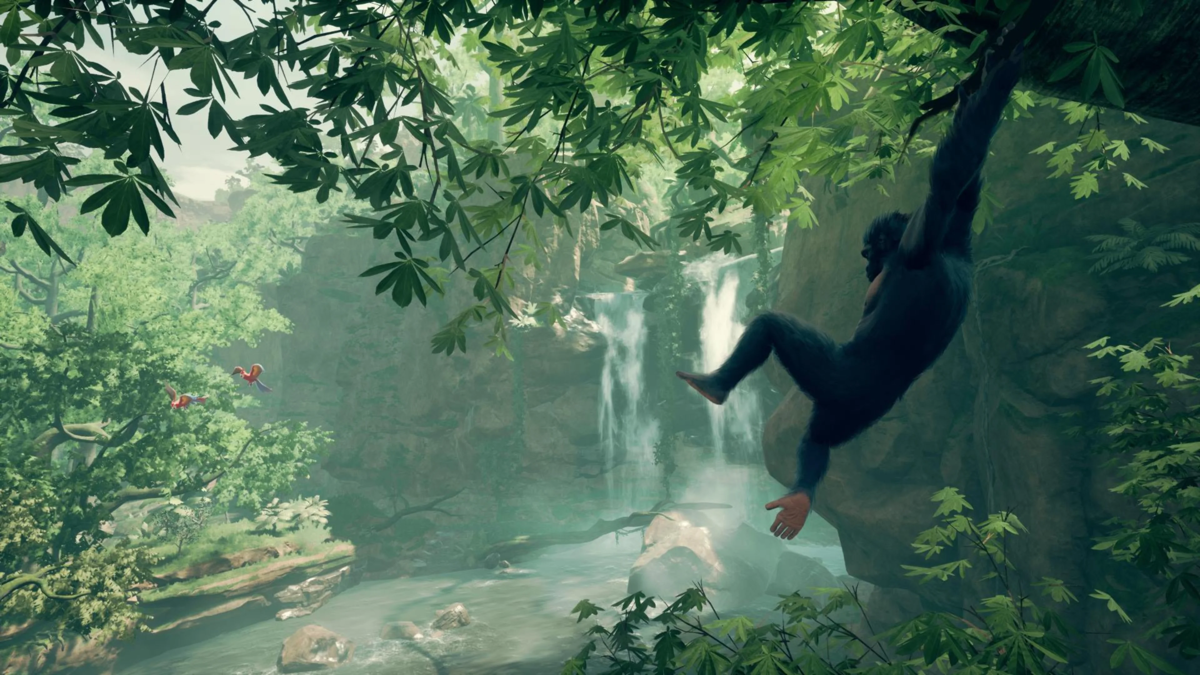 A prehistoric ape swings from a tree branch above a river and waterfalls in the lush jungle of Ancestors: The Humankind Odyssey.