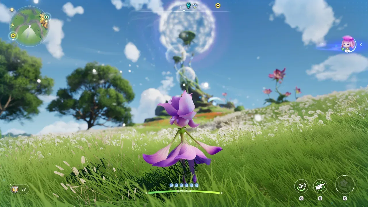 A purple flower-like creature stands in a sunny meadow beneath towering magical plants in Aniimo.