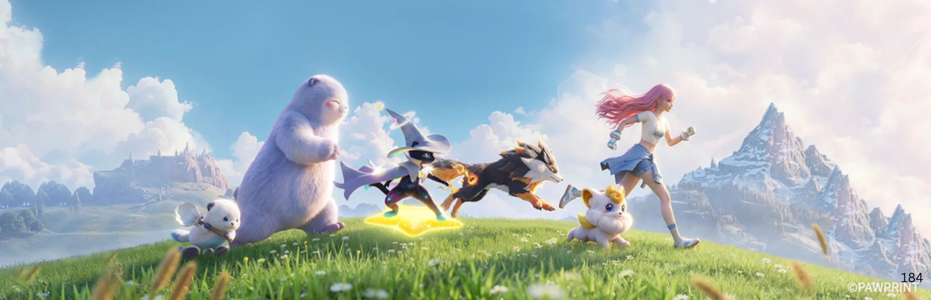 An Aniimo Pathfinder runs across a grassy field alongside several creatures with mountains in the background.