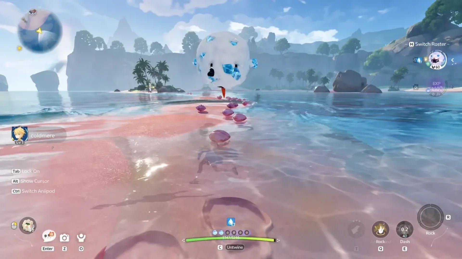 Aniimo gameplay shows a creature battling a large floating enemy in shallow water along a tropical beach.