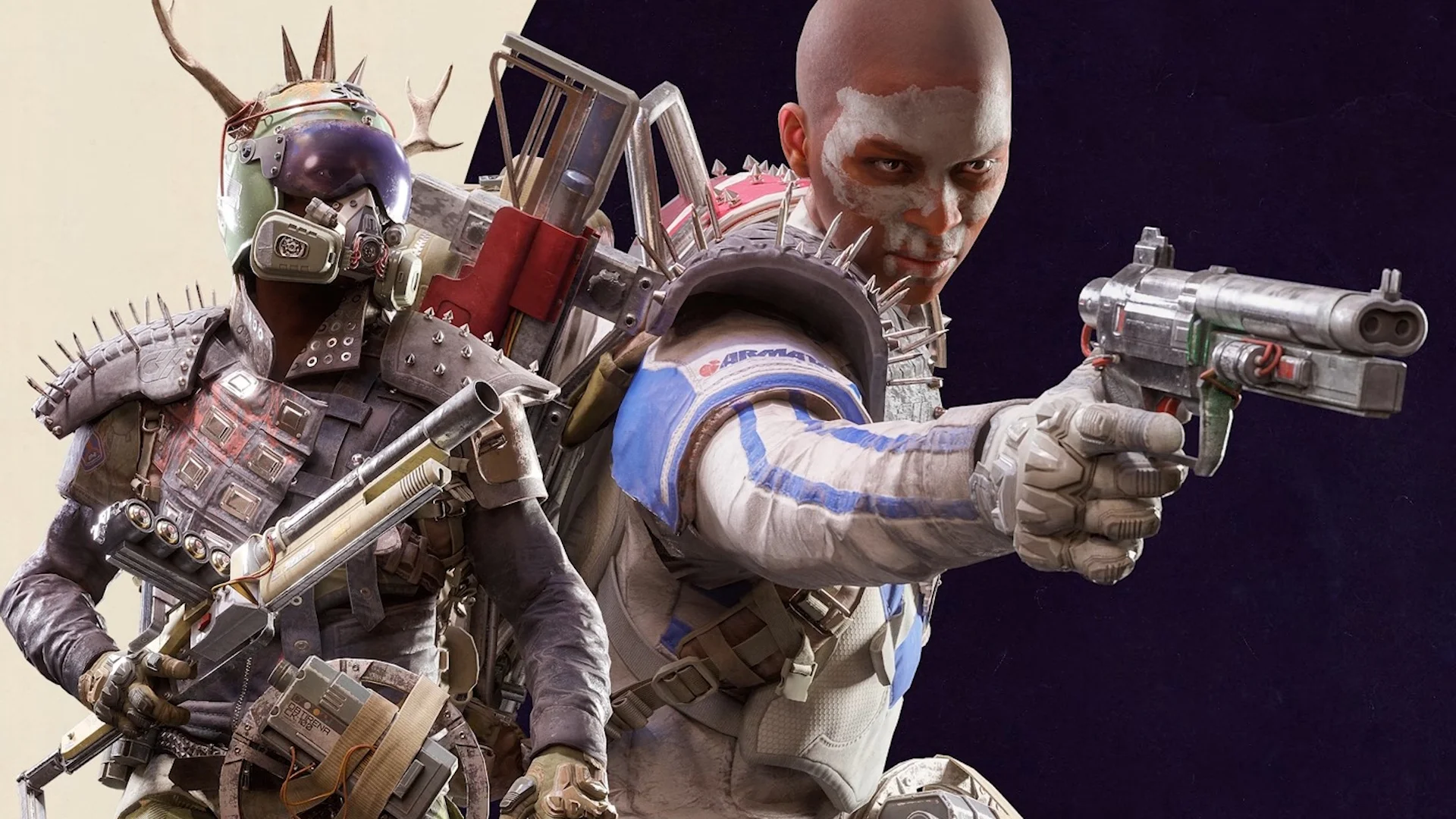 Two ARC Raiders characters pose with improvised weapons and protective gear against a split dark background.