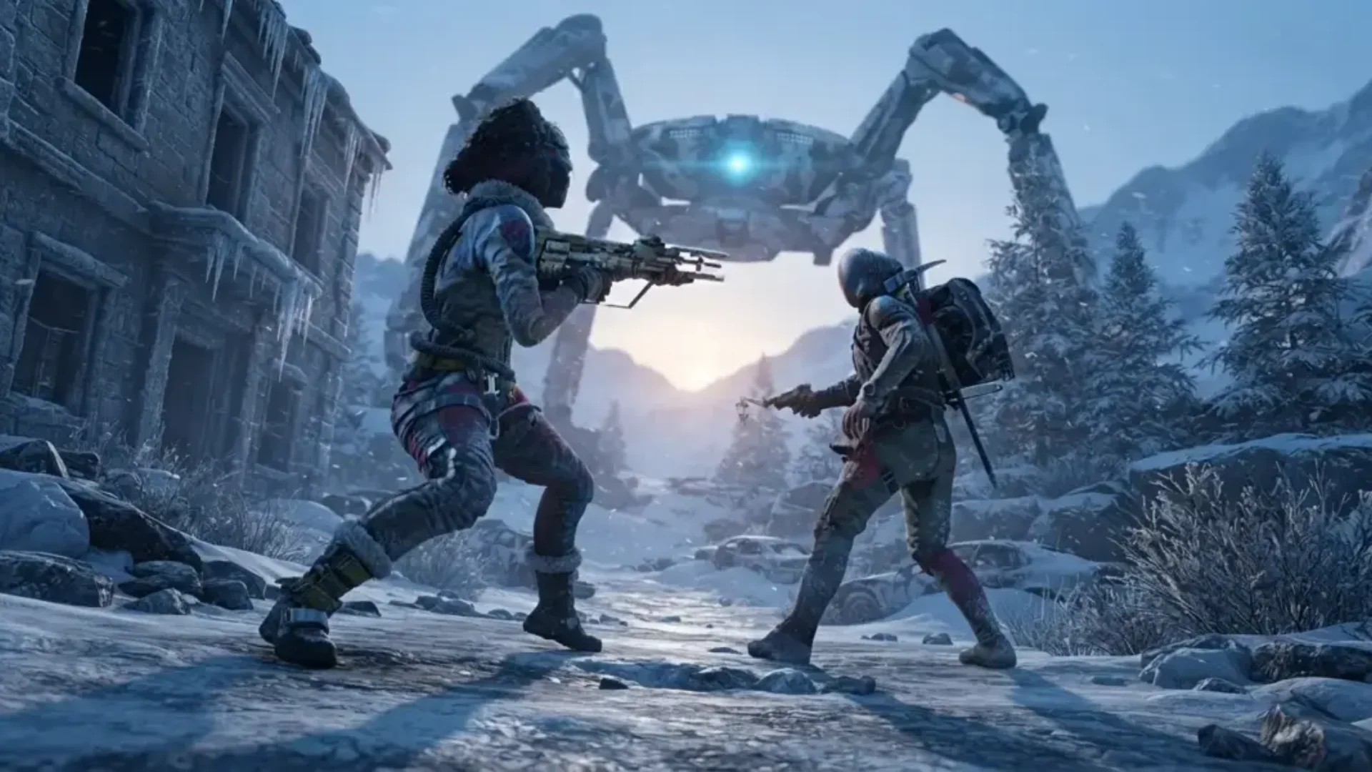 Two Raiders face a massive ARC machine in the snowy Pendola Pass region in ARC Raiders Frozen Trail.