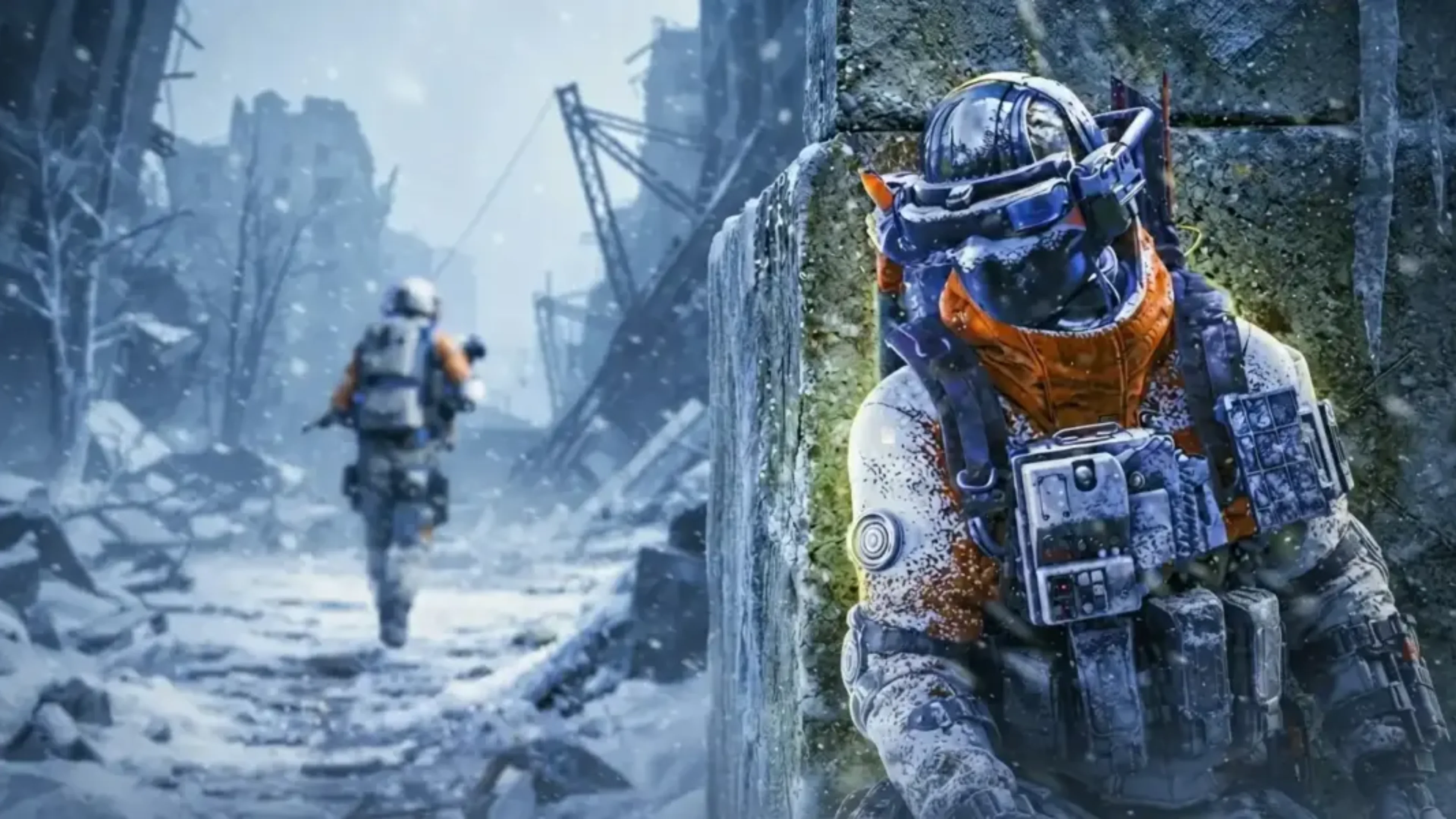 An ARC Raiders character in winter gear takes cover beside a concrete wall while another Raider moves through snowy ruined buildings.