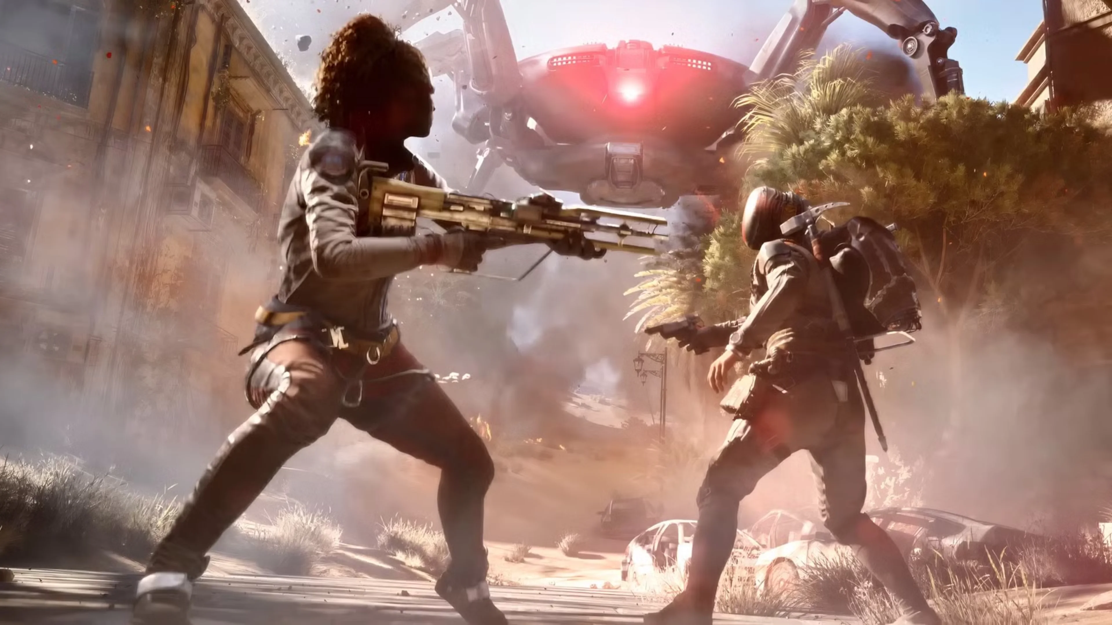 Split ARC Raiders gameplay shows a Raider fighting an enemy on the left and an armed character overlooking a ruined city at sunset.