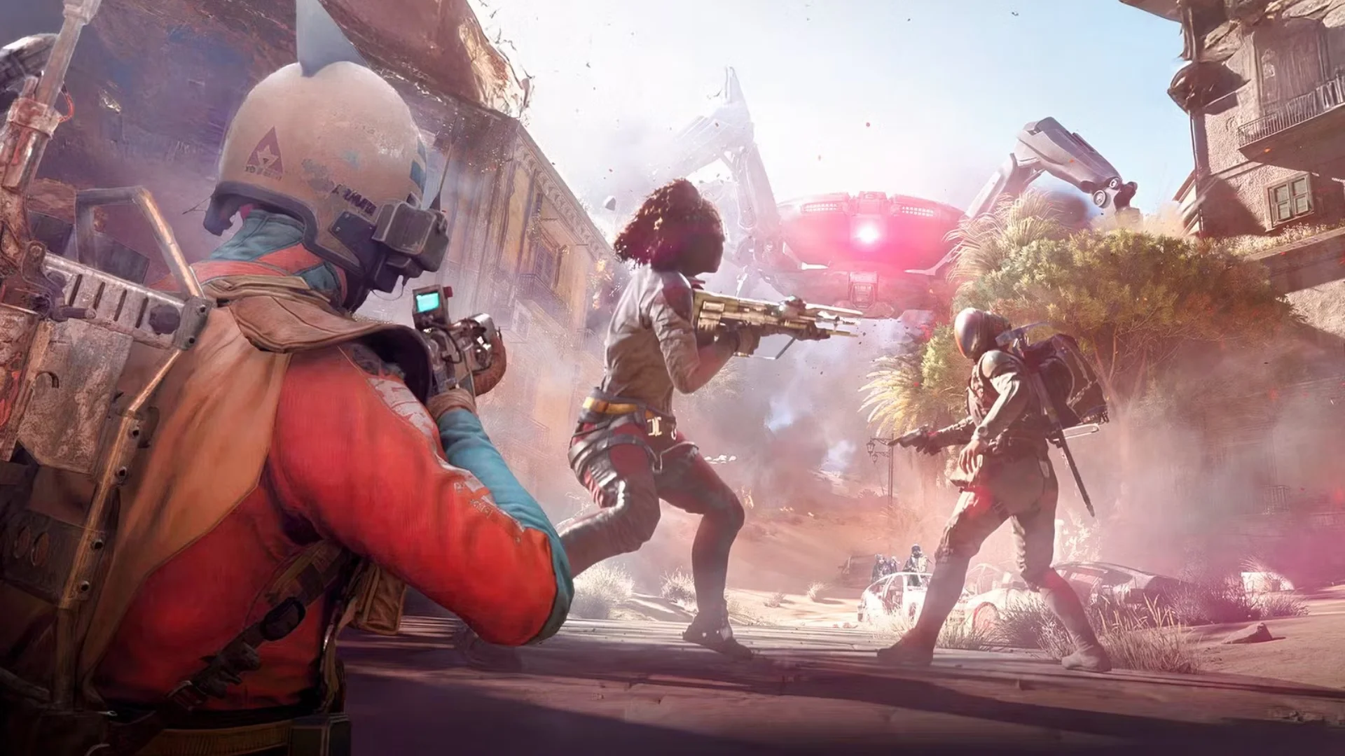 Three ARC Raiders players fire weapons at a large ARC machine attacking above a ruined urban street.