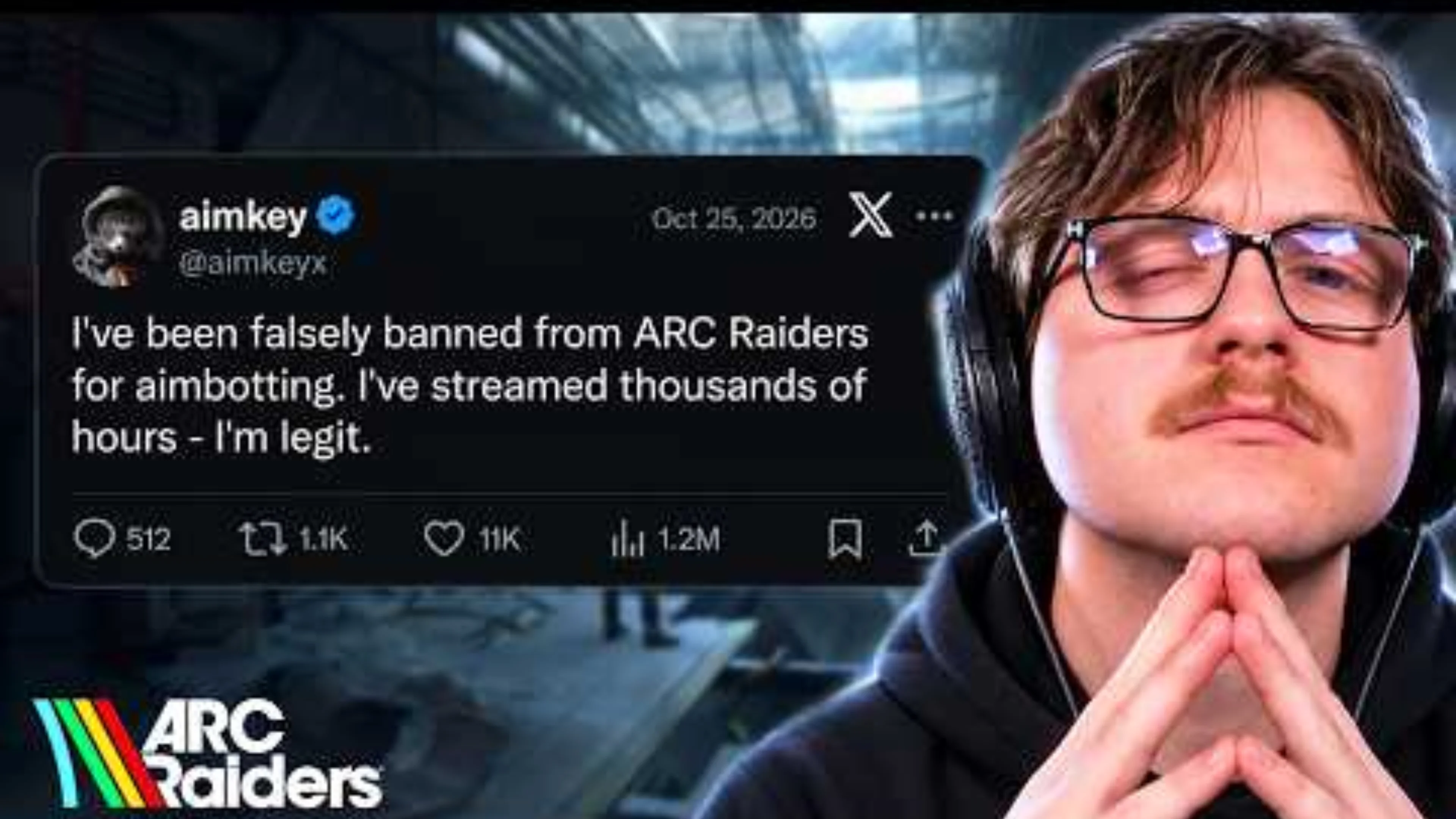 A streamer wearing glasses appears beside Aimkey's social media post claiming he was falsely banned from ARC Raiders for aimbotting.