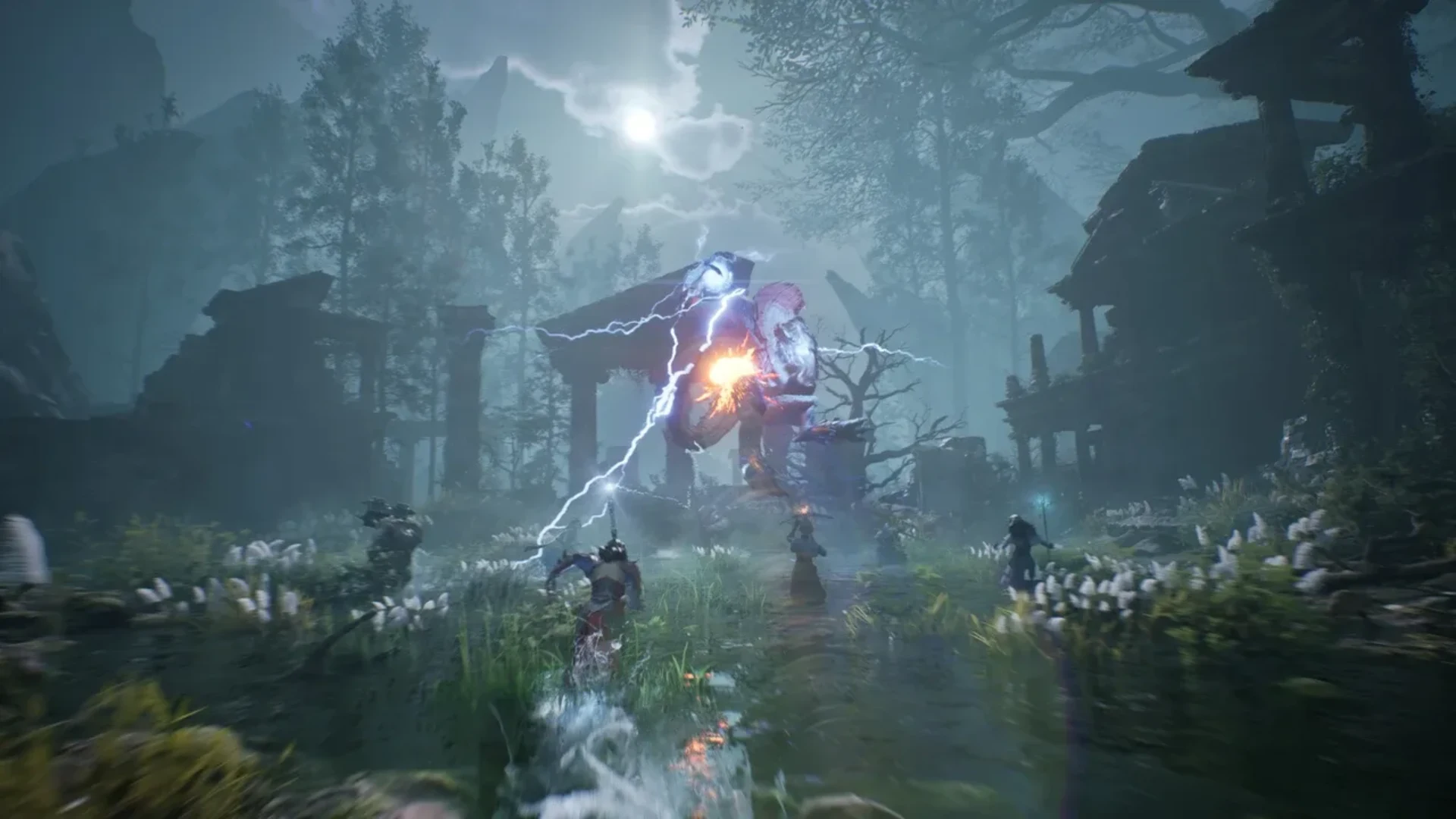 ArcheAge Chronicles players battle a giant enemy with lightning attacks in a misty forest