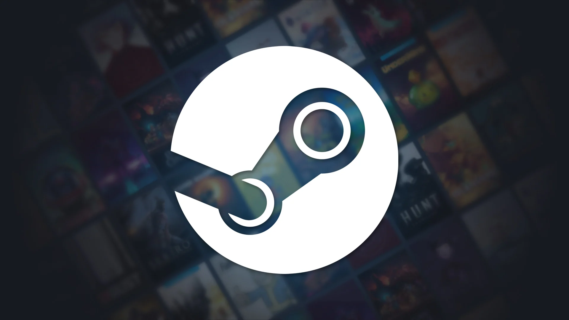 Steam logo over a blurred selection of games on the digital storefront