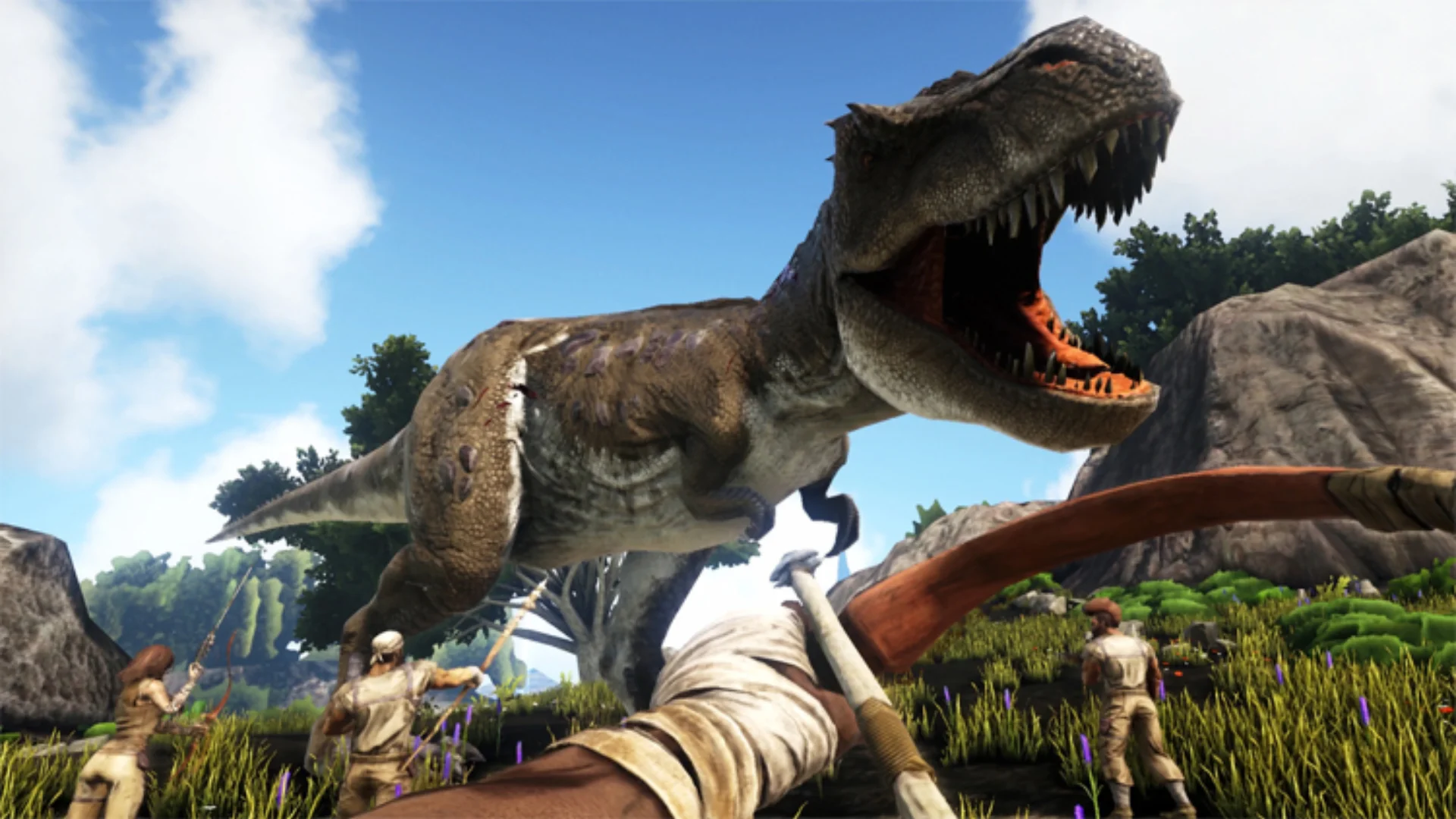 ARK: Survival Evolved survivor aims a bow at a roaring Tyrannosaurus rex while other survivors attack nearby.