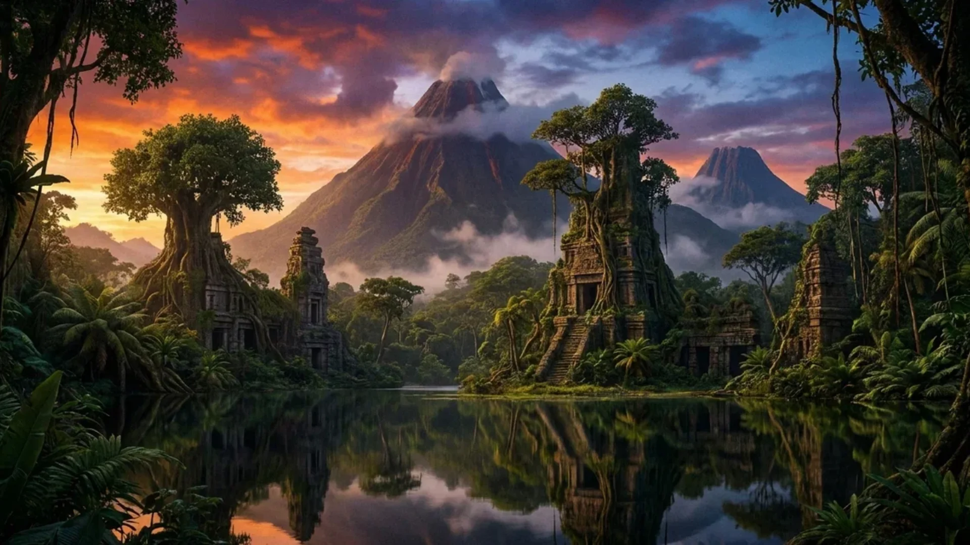 Ancient jungle ruins stand beside a reflective lake with forest-covered volcanoes rising beneath a sunset sky.