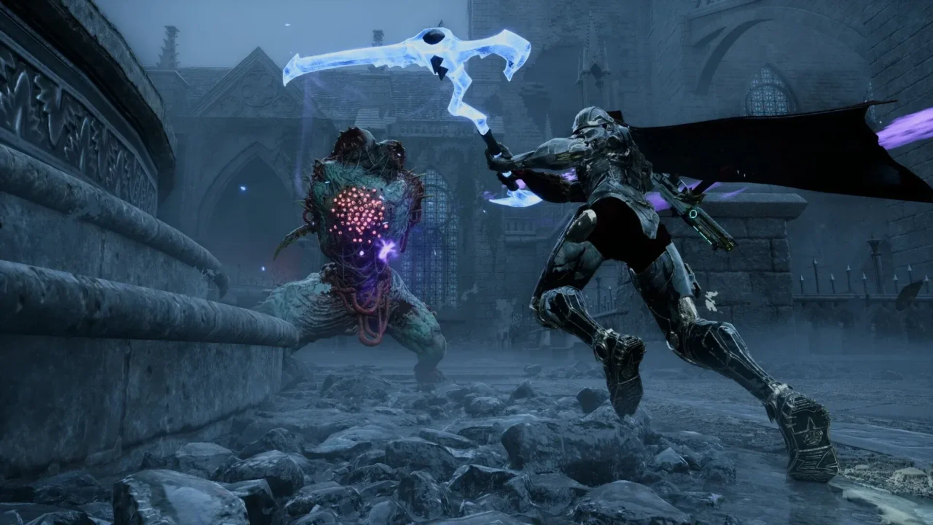 Armatus warrior fires at demonic creatures in a dark ruined Paris street.