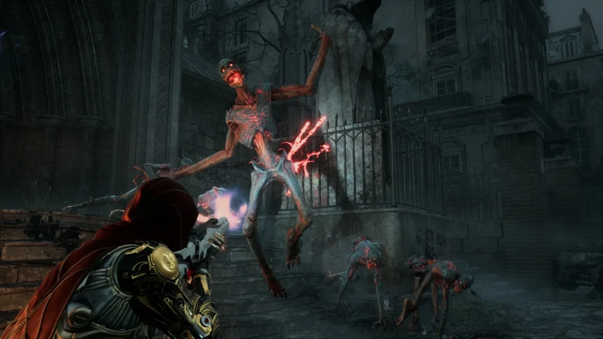 The Armatus warrior charges a large demon while wielding a glowing blue scythe in ruined Paris.