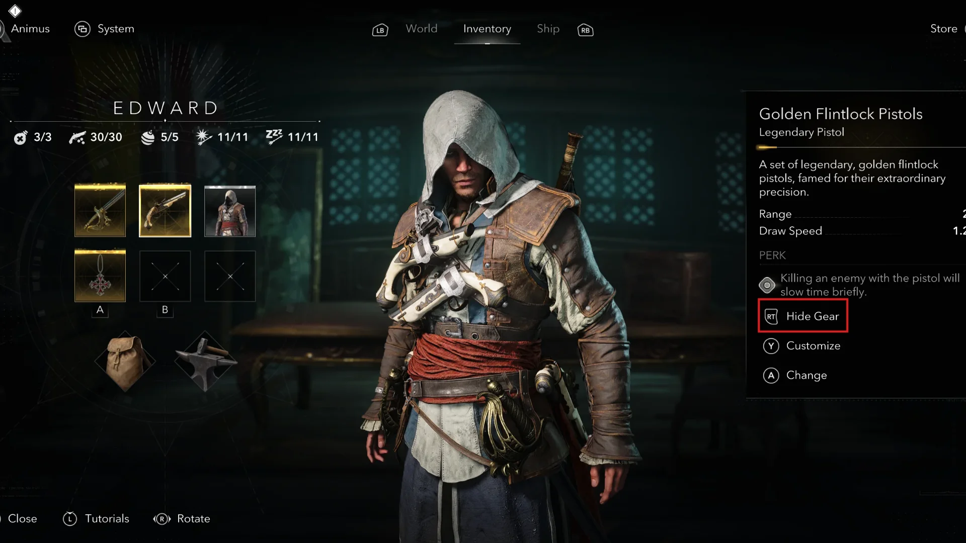 Edward Kenway's inventory shows Golden Flintlock Pistols with the Hide Gear option highlighted.