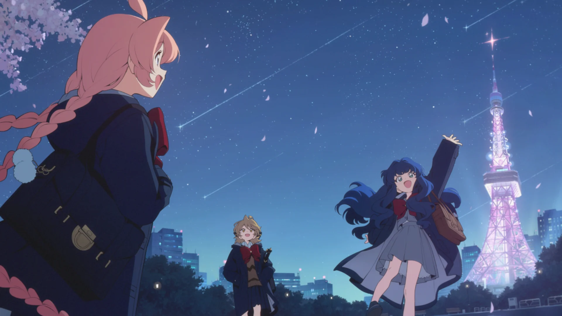 Three Astrae Oratio characters stand beneath a starry sky near Tokyo Tower in an animated story scene.