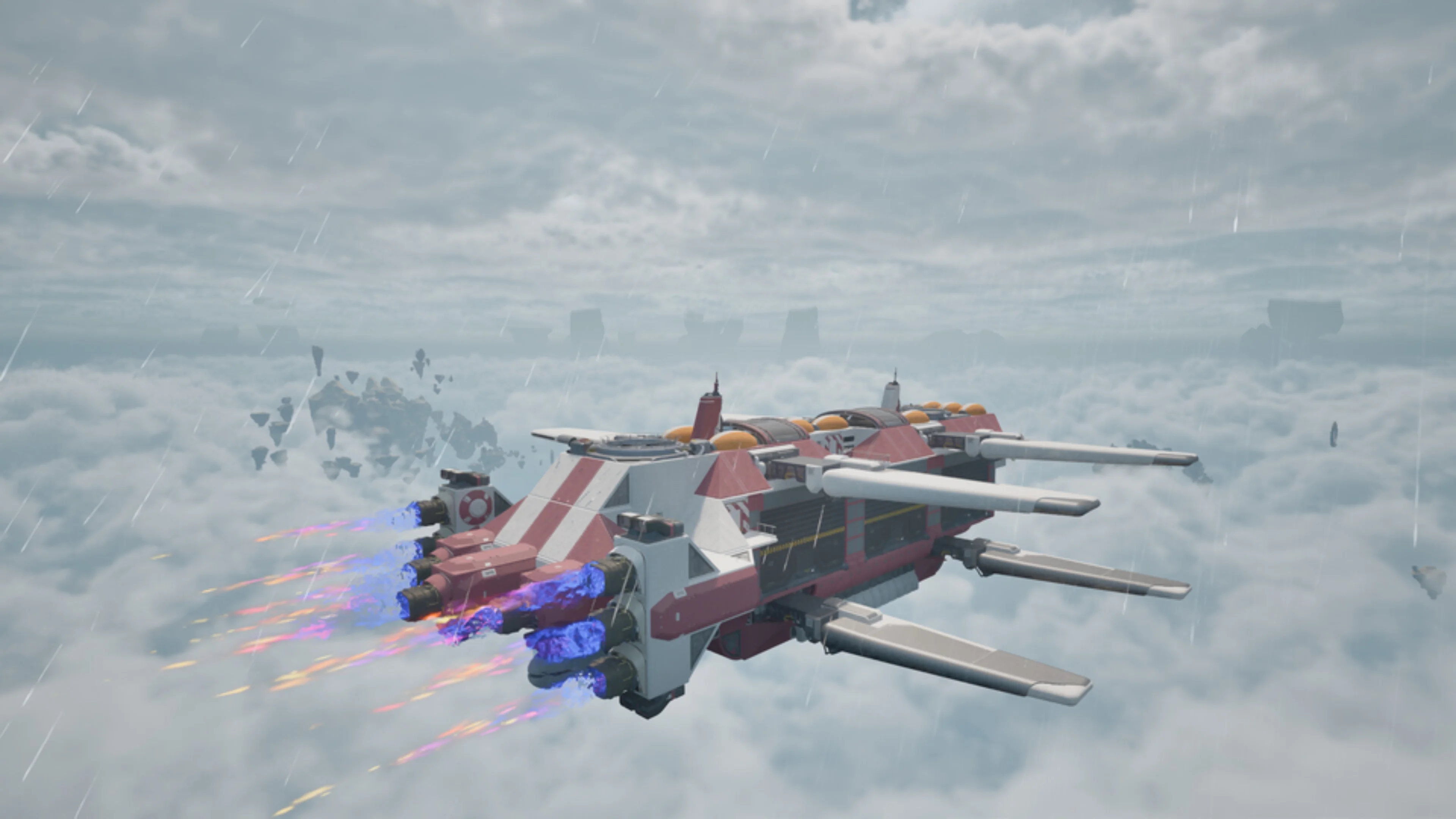 A red-and-white Cloud Cruiser flies above thick clouds with multiple engines firing under a rainy sky.