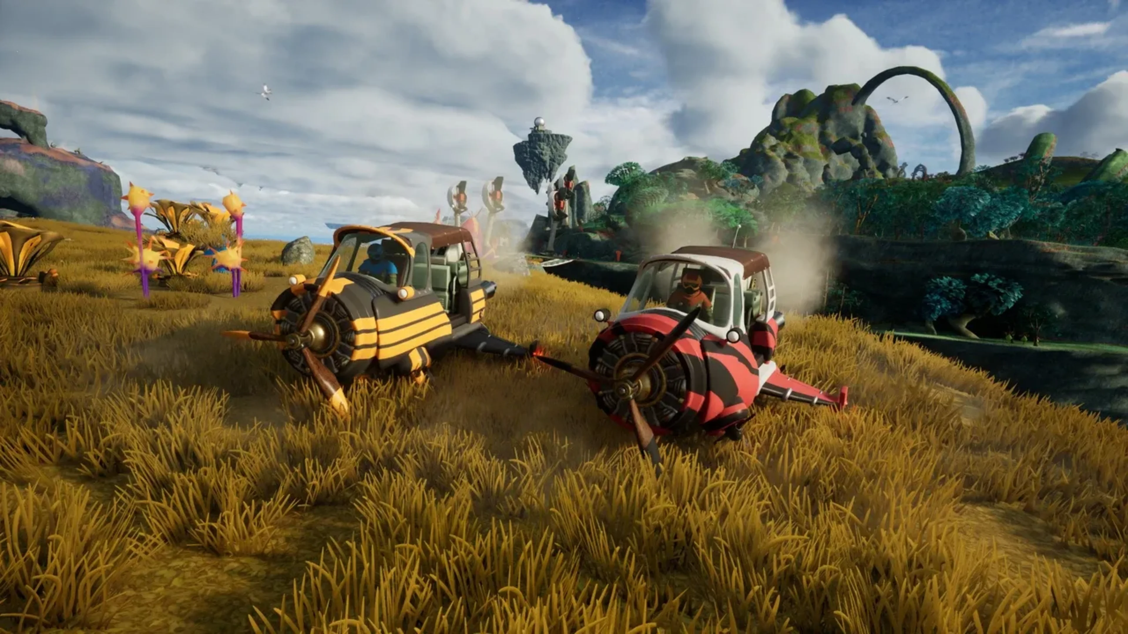 Yellow and red Wasp aircraft resting in grass on Tycos, with a rocky alien landscape and floating islands beyond.