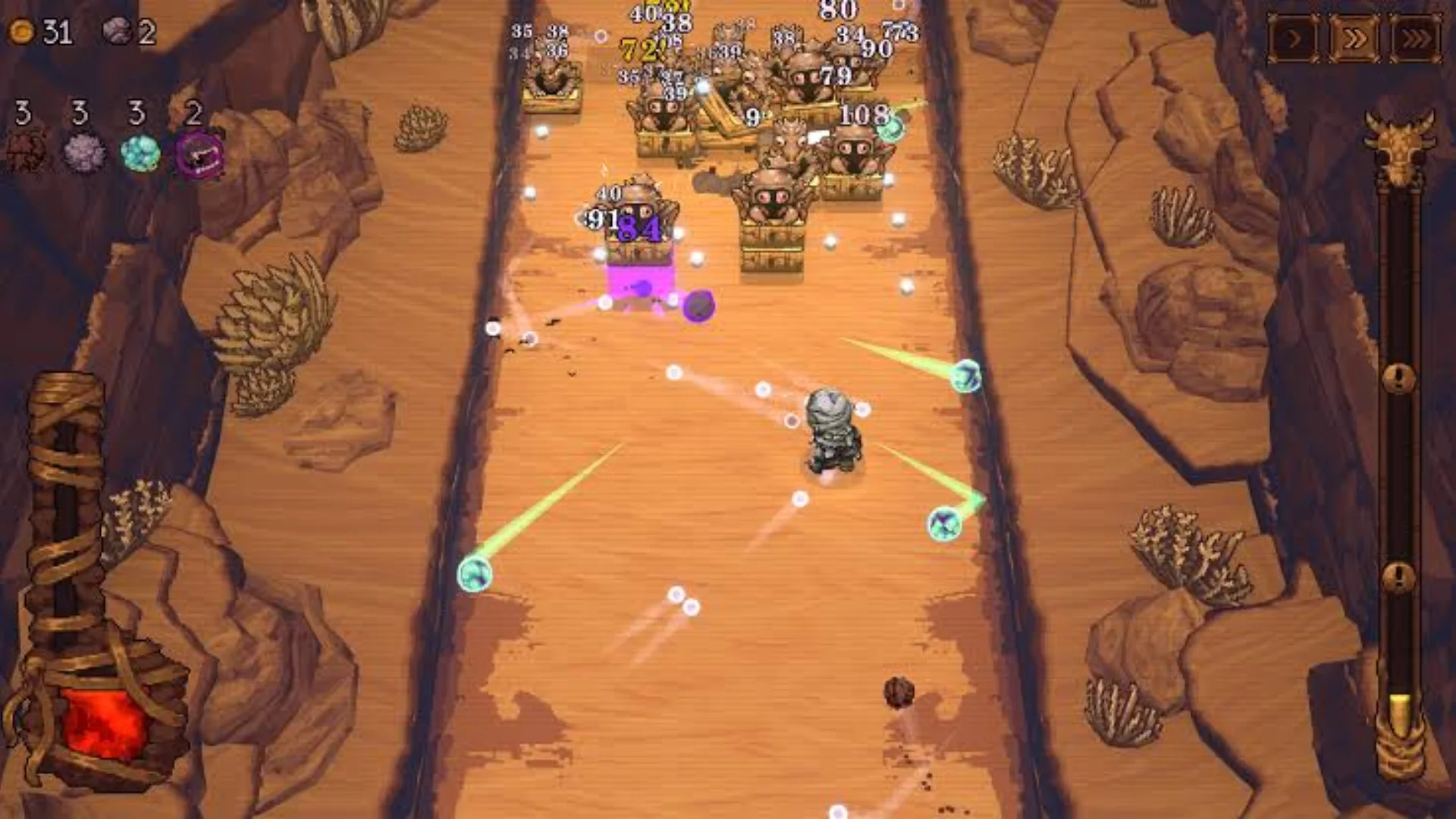 A Ball x Pit character fires bouncing projectiles at groups of enemies inside a desert-themed level.