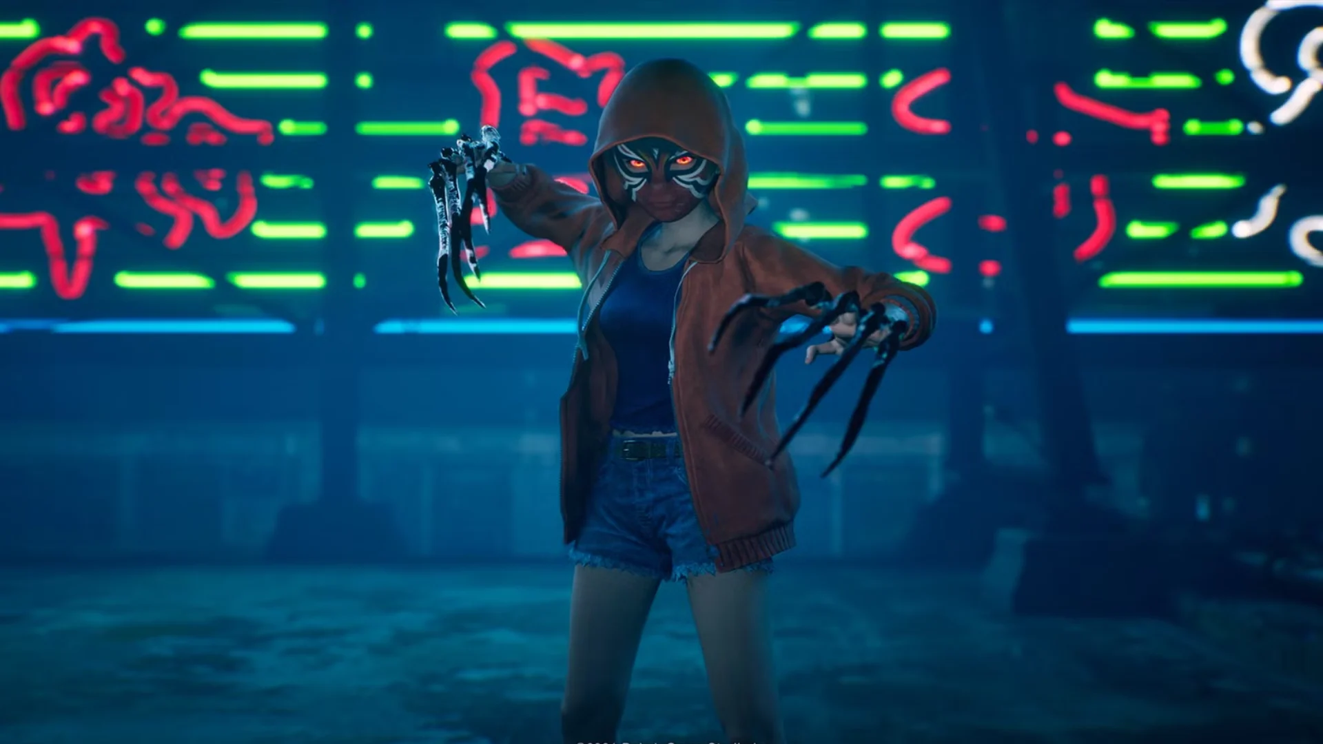 A possessed Slitterhead character extends dark claw-like weapons in front of glowing neon signs.