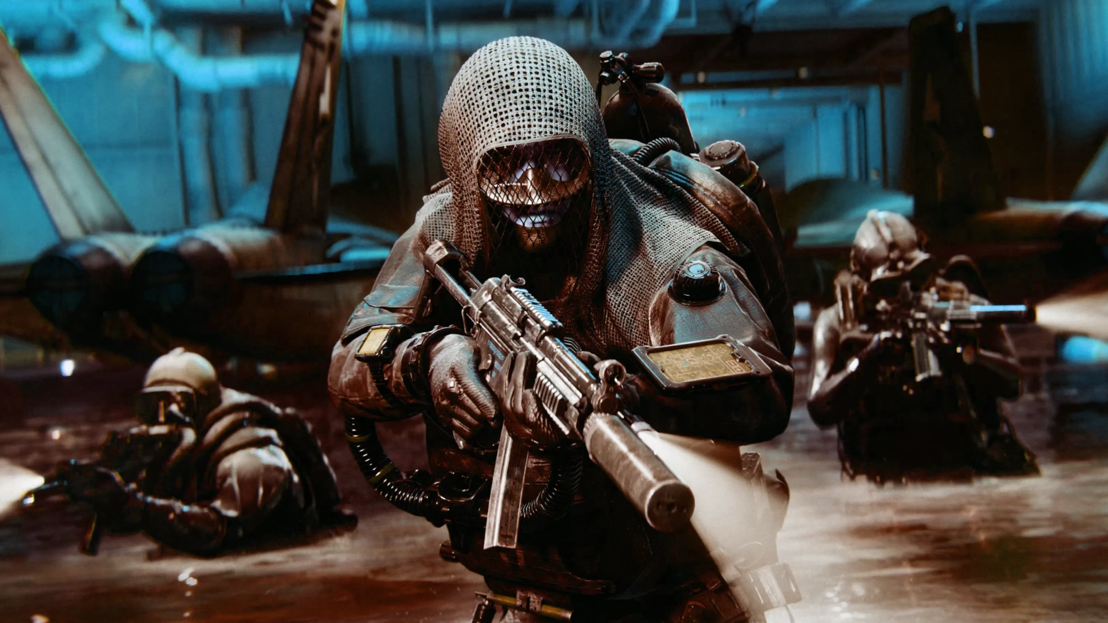 Three masked Battlefield 6 soldiers carry rifles through waist-deep water inside a blue-lit industrial environment.