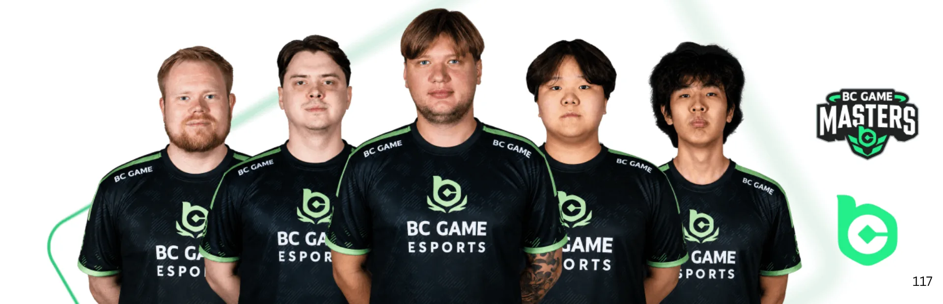 Five BC.Game Counter-Strike 2 players pose together in black and green team jerseys.