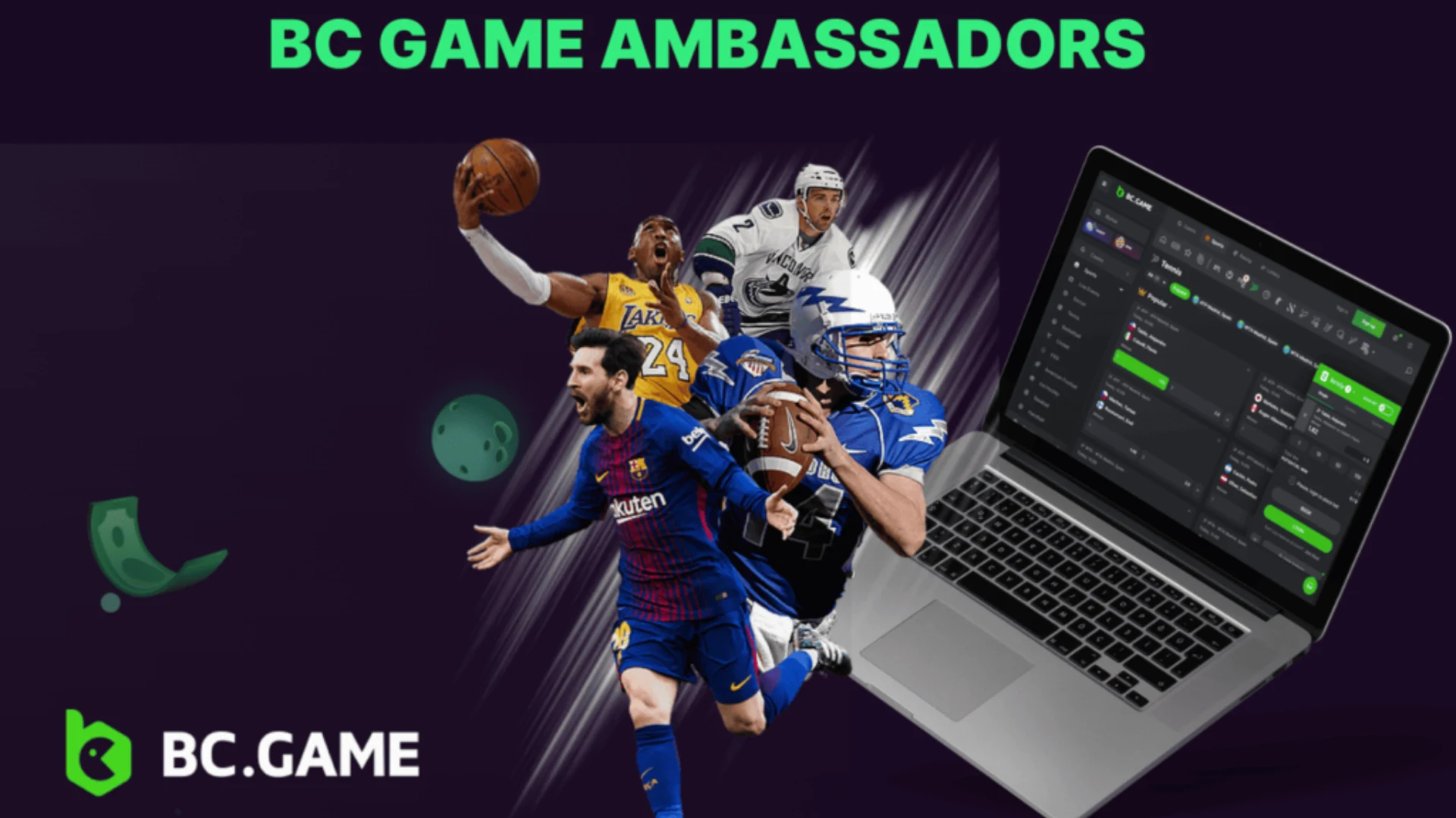 BC.Game ambassador graphic featuring athletes from basketball, football, hockey, and American football.