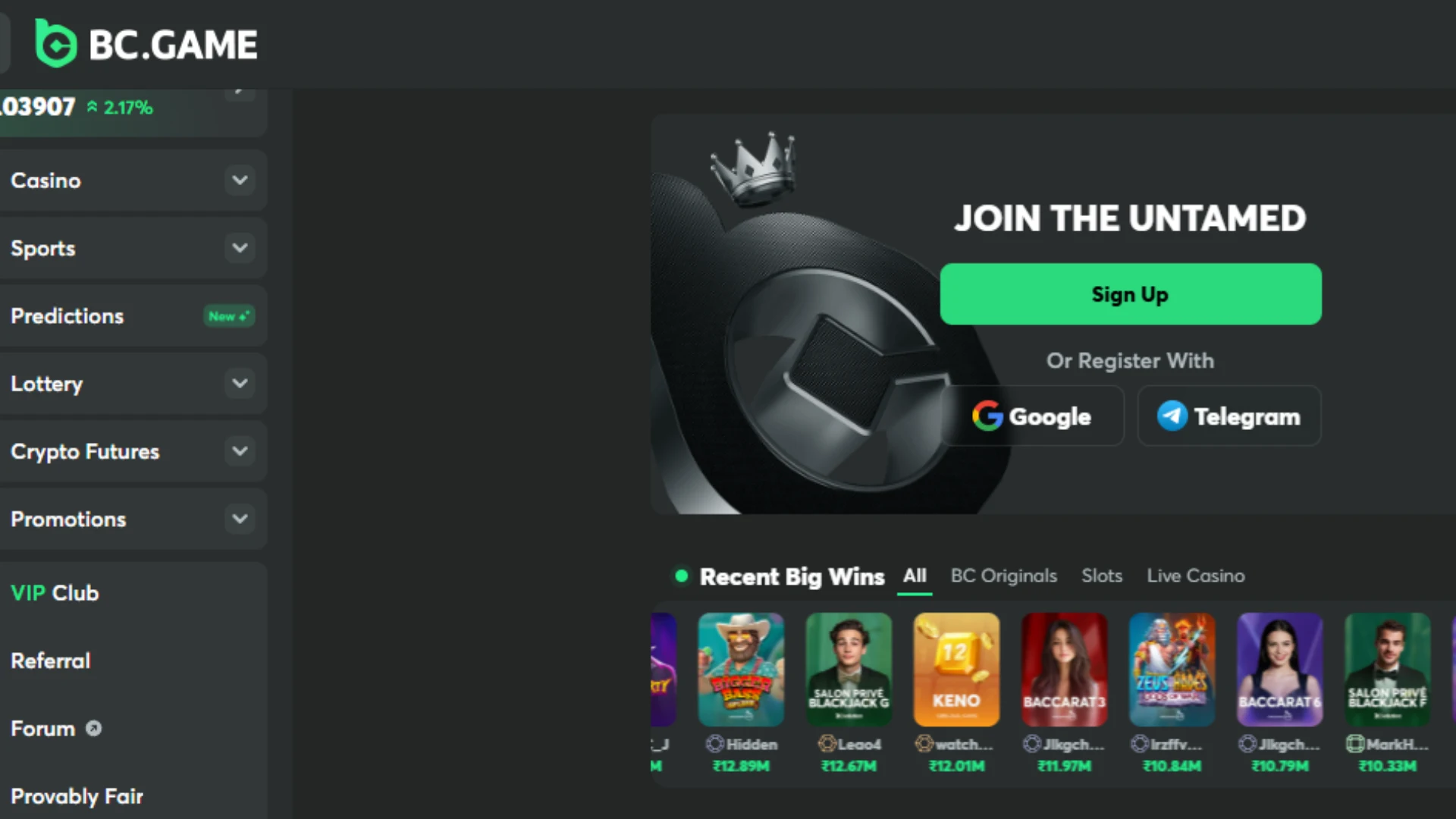 BC.Game website interface showing navigation for casino, sports, predictions, promotions, and account registration.