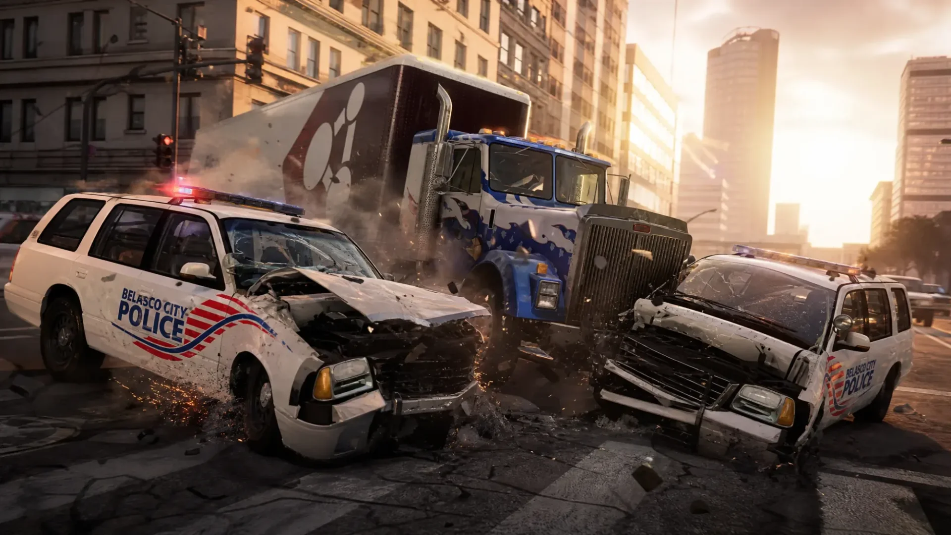 A truck crashes between two Belasco City police vehicles in BeamNG.drive on PS5.