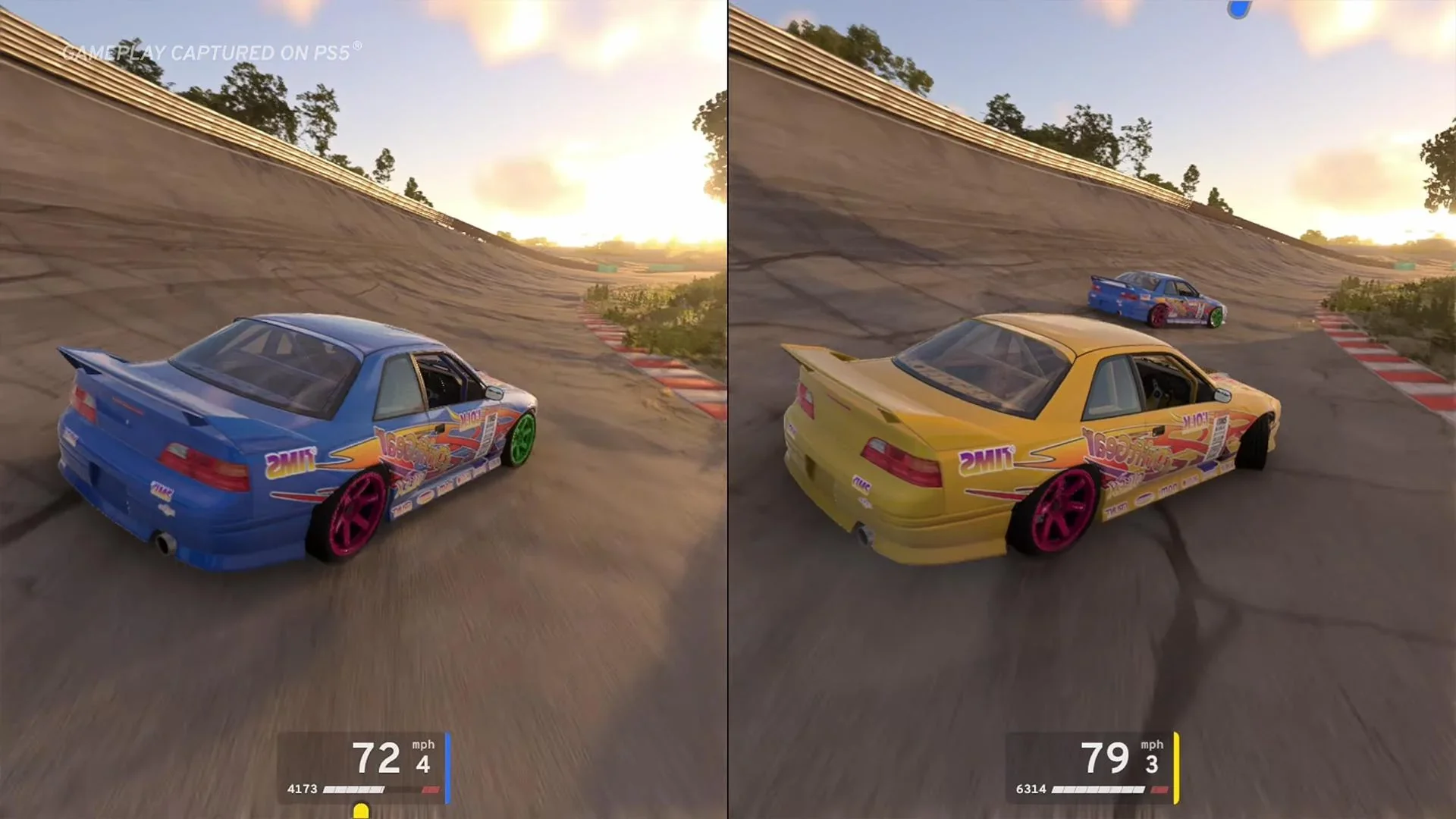 Two cars drift around a banked track during split-screen gameplay in BeamNG.drive on PS5.