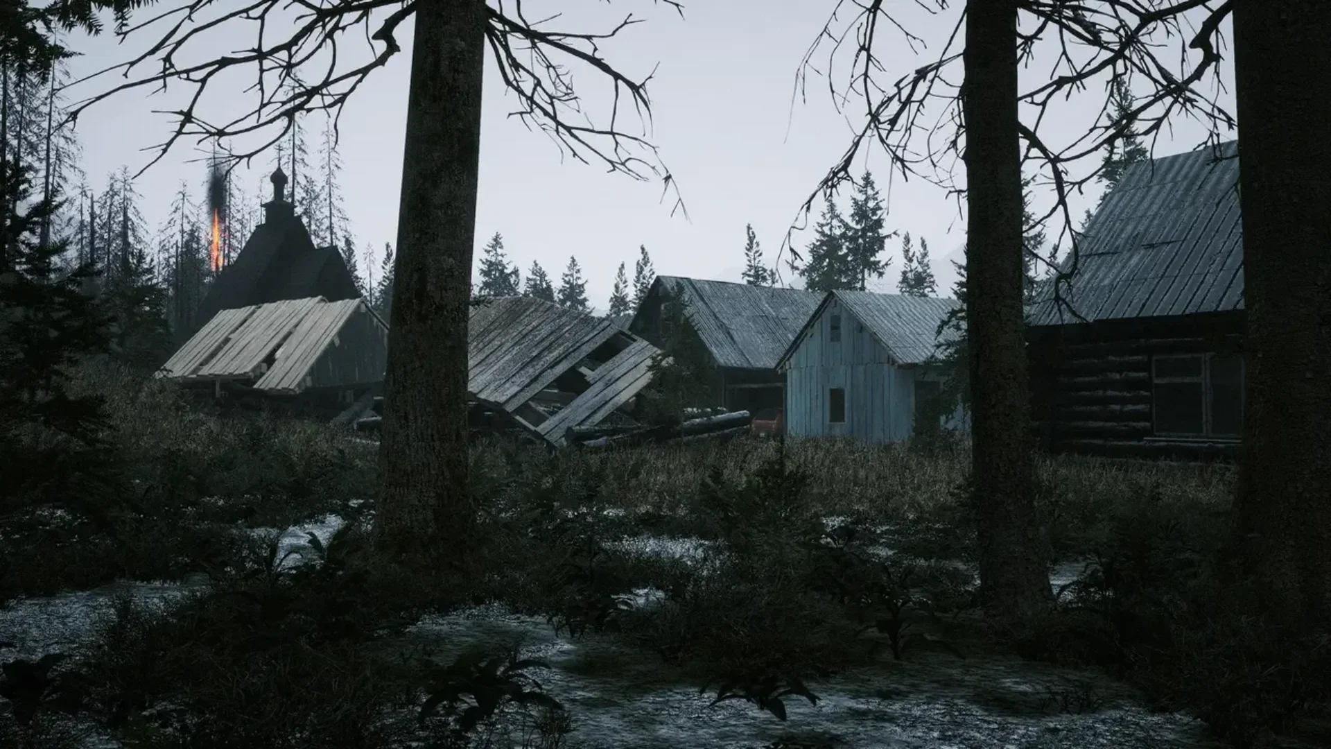 Abandoned settlement surrounded by dark forest and damaged wooden buildings in Beautiful Light.