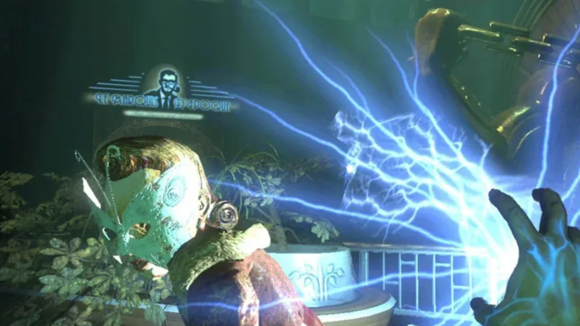 BioShock player uses Electro Bolt on an enemy in Rapture