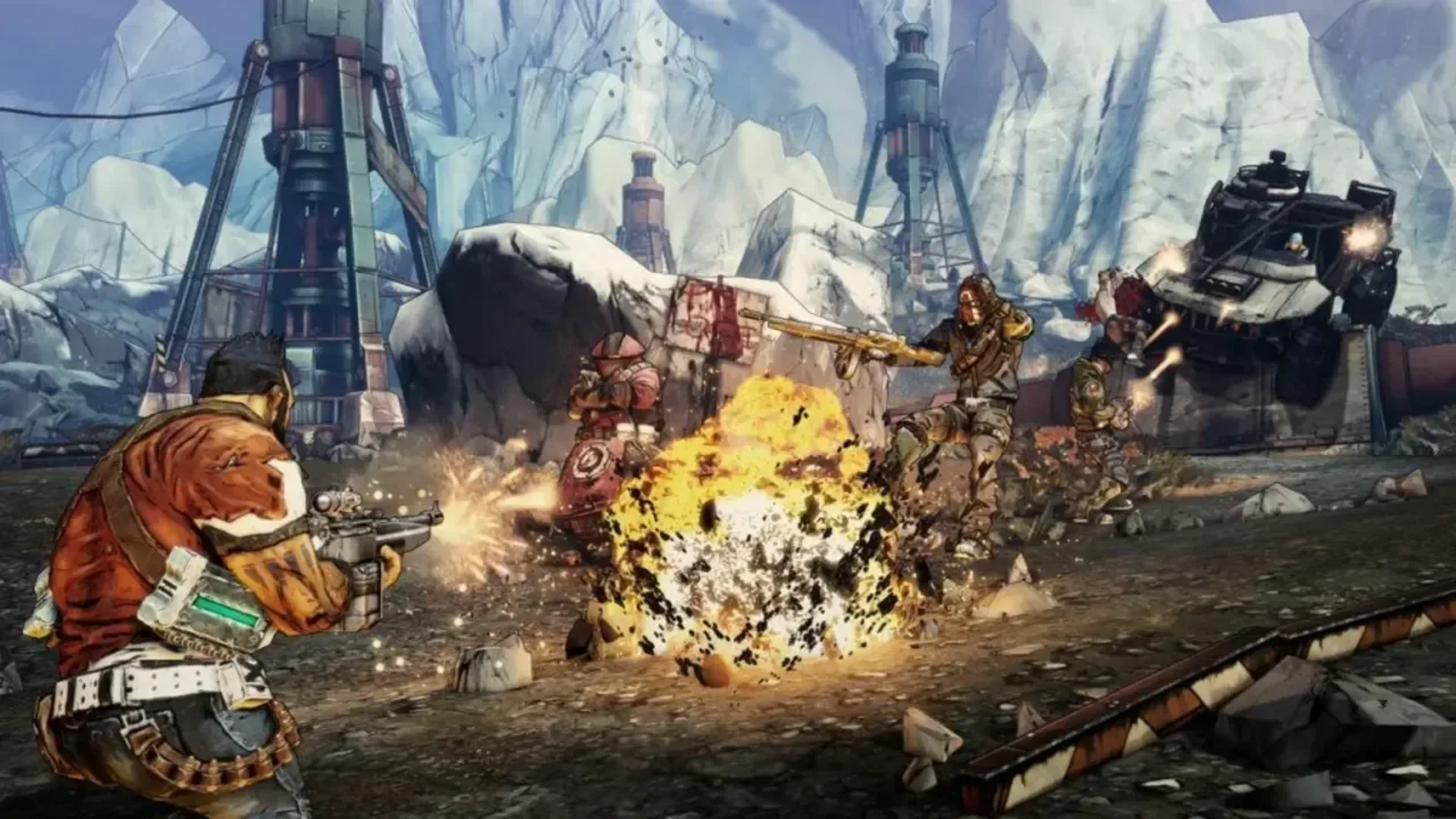 Borderlands 2 firefight with enemies and an explosion in a snowy area