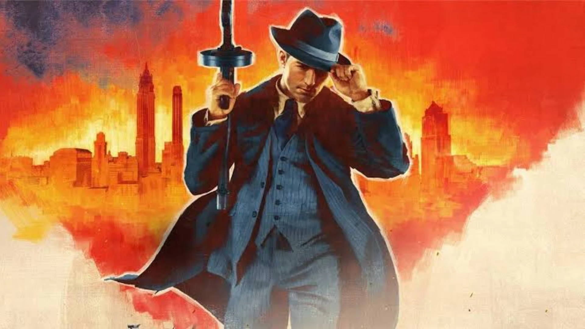Tommy Angelo holding a Tommy gun against the Lost Heaven skyline
