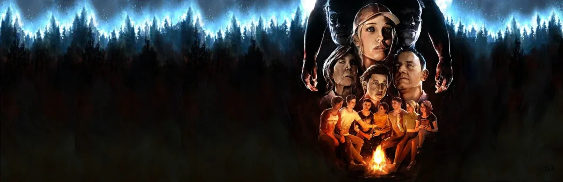 The Quarry counselors gathered around a campfire beneath looming figures and a dark forest