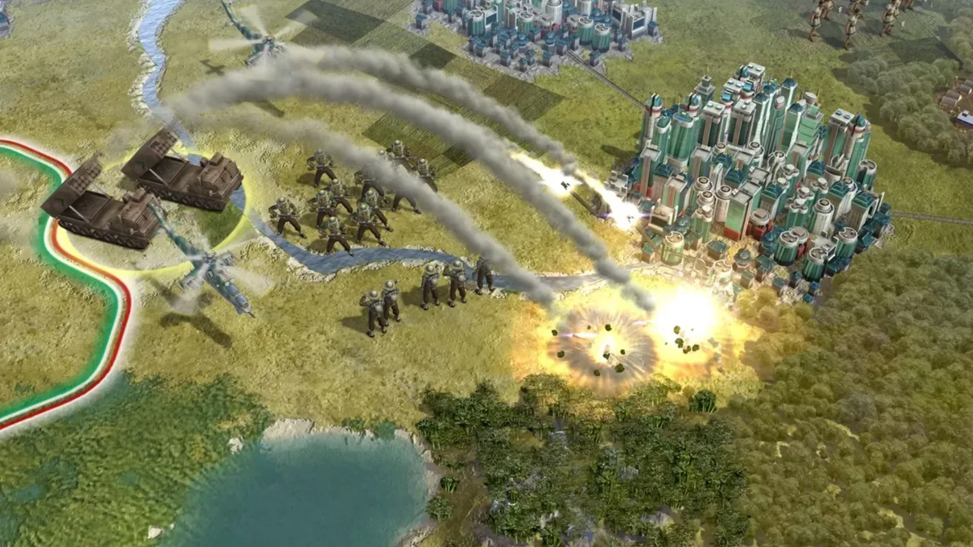 Civilization V military units launch missiles at a modern city