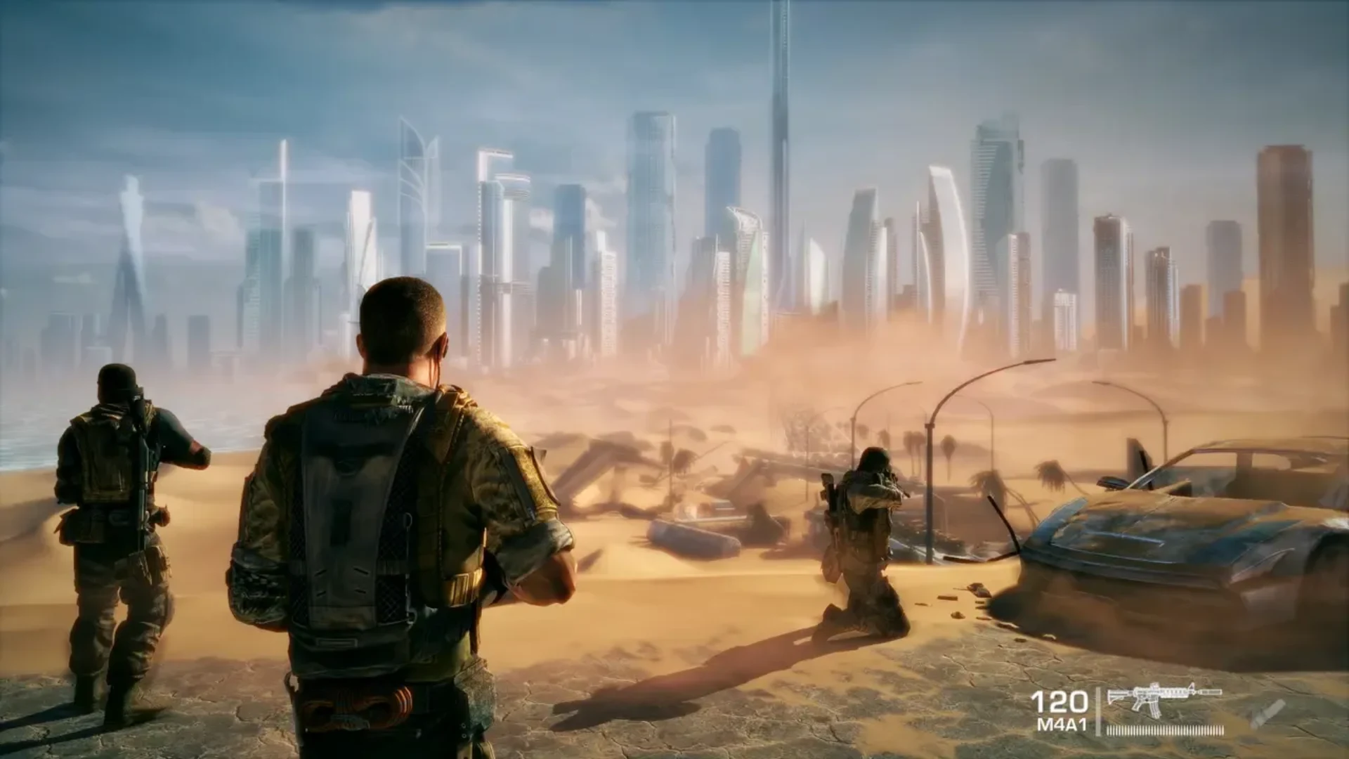 Spec Ops: The Line soldiers overlook a sand-covered Dubai skyline