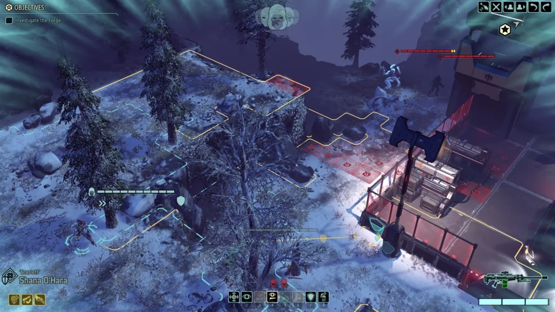 XCOM 2 tactical battlefield with soldiers approaching enemies in snowy terrain