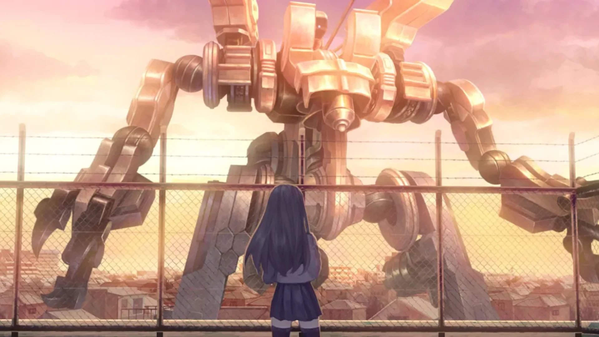 A schoolgirl stands behind a fence facing a massive Sentinel at sunset in 13 Sentinels: Aegis Rim.