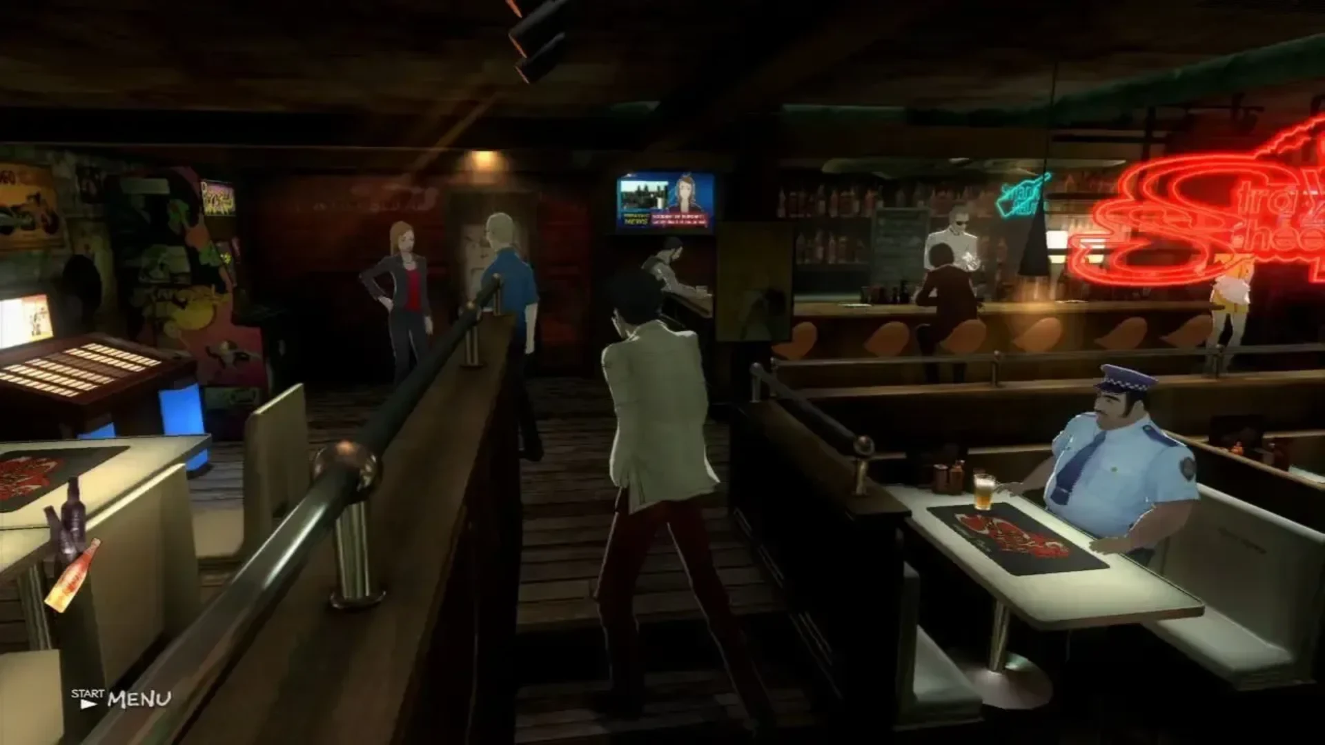 Vincent stands inside the crowded Stray Sheep bar with patrons, booths and glowing neon signs in Catherine: Full Body.
