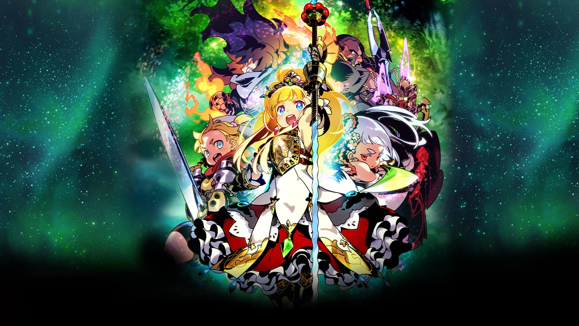 A colorful party of fantasy adventurers gathers against a glowing green backdrop in Etrian Odyssey III HD artwork.
