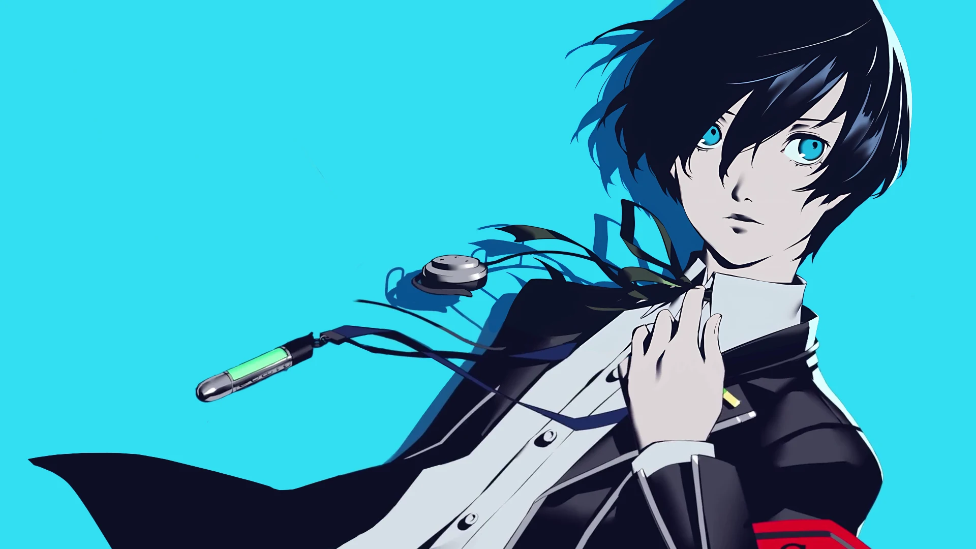 Persona 3 Reload artwork featuring the protagonist against a bright blue background.