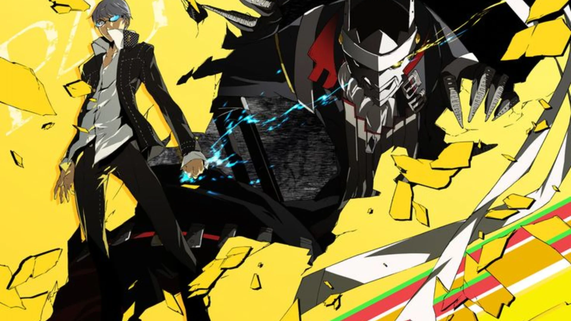 Persona 4 Golden artwork featuring Yu Narukami alongside his Persona, Izanagi.