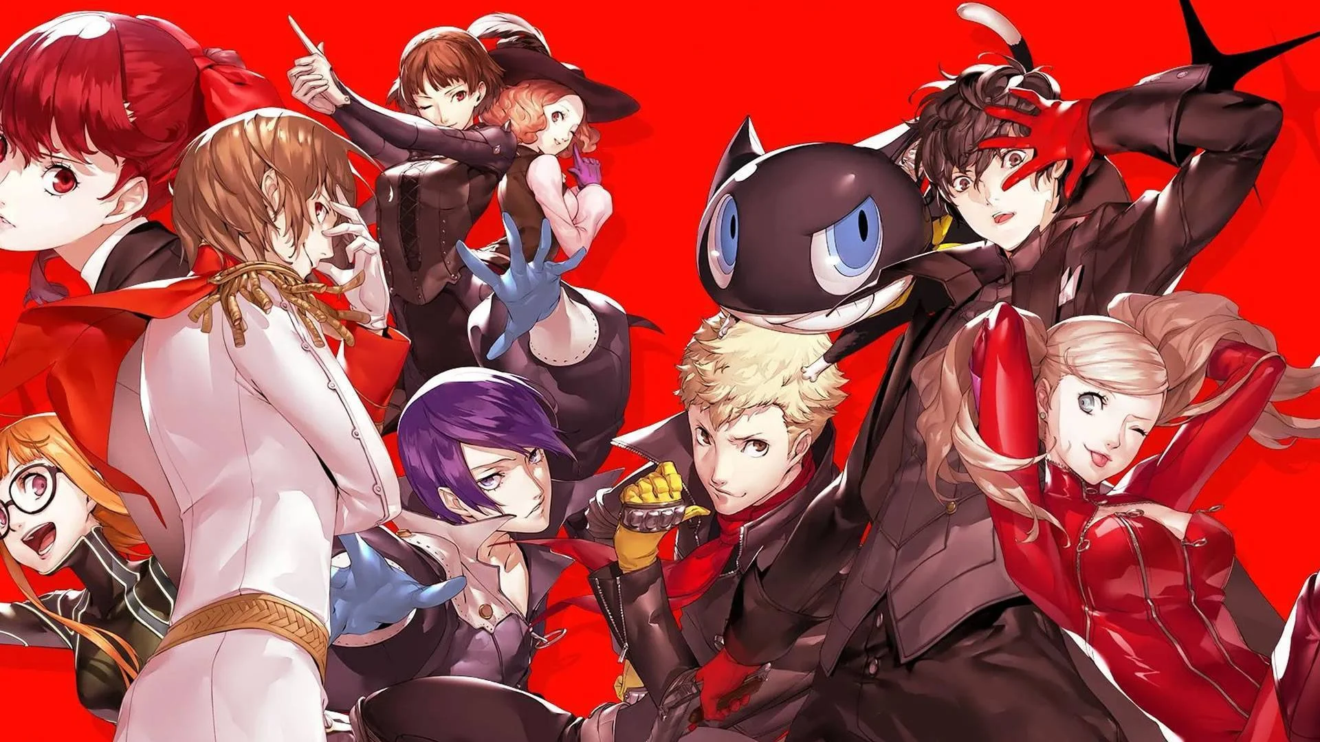 Persona 5 Royal artwork featuring Joker and members of the Phantom Thieves against a red background.