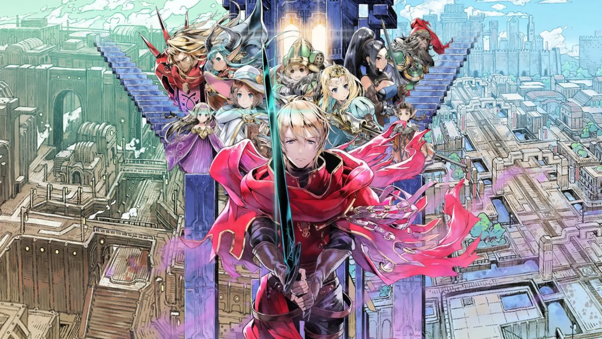 Stocke stands with other fantasy characters before an illustrated city in Radiant Historia: Perfect Chronology artwork.