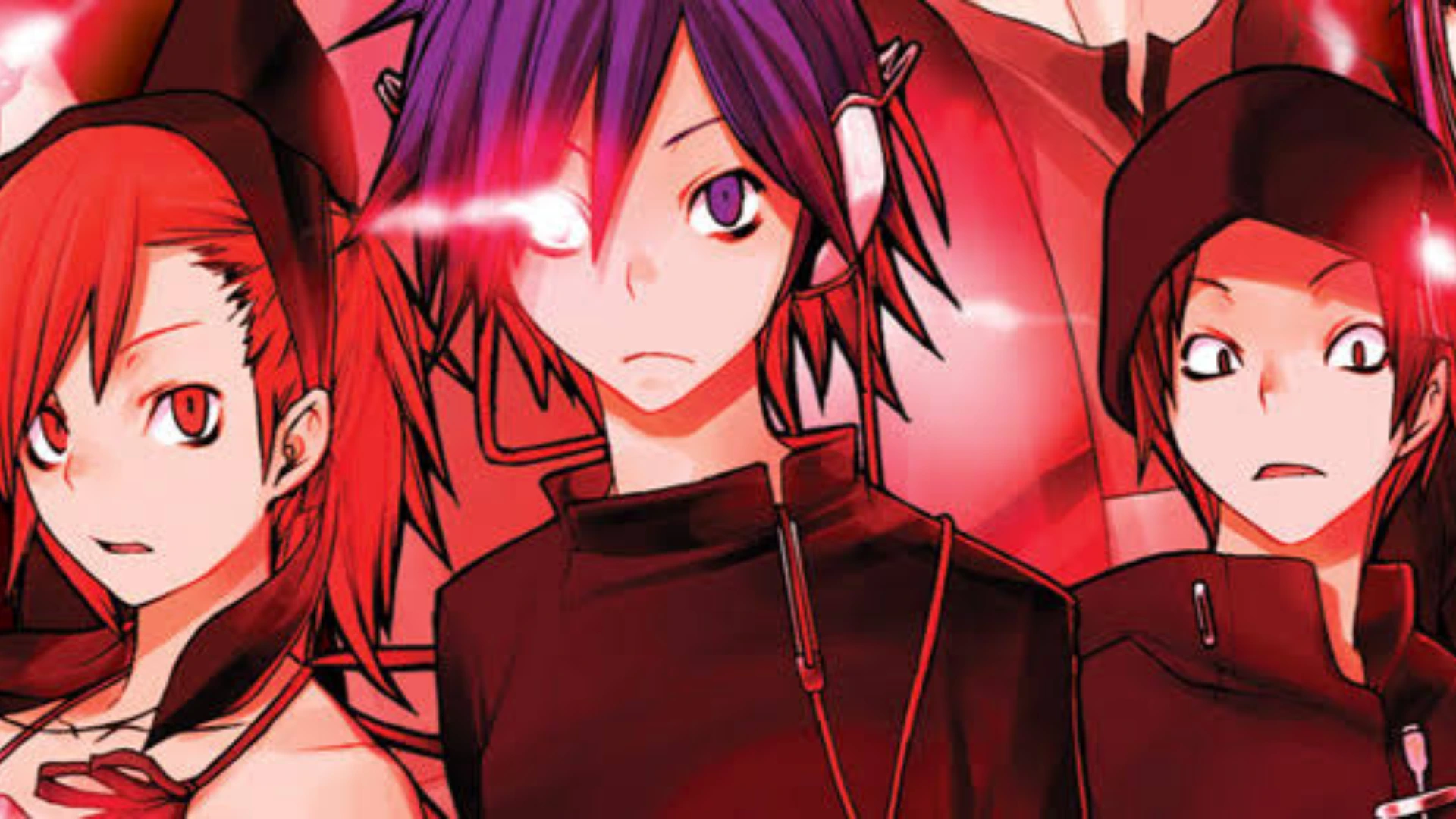 The Devil Survivor Overclocked protagonist stands between two allies in dramatic red promotional artwork.