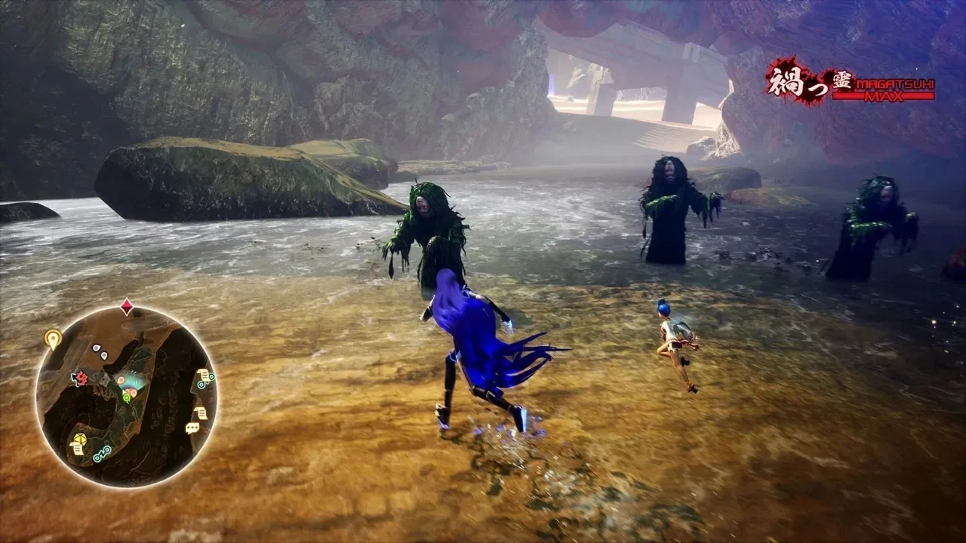 The Nahobino approaches several demons in a shallow rocky area during Shin Megami Tensei V: Vengeance gameplay.