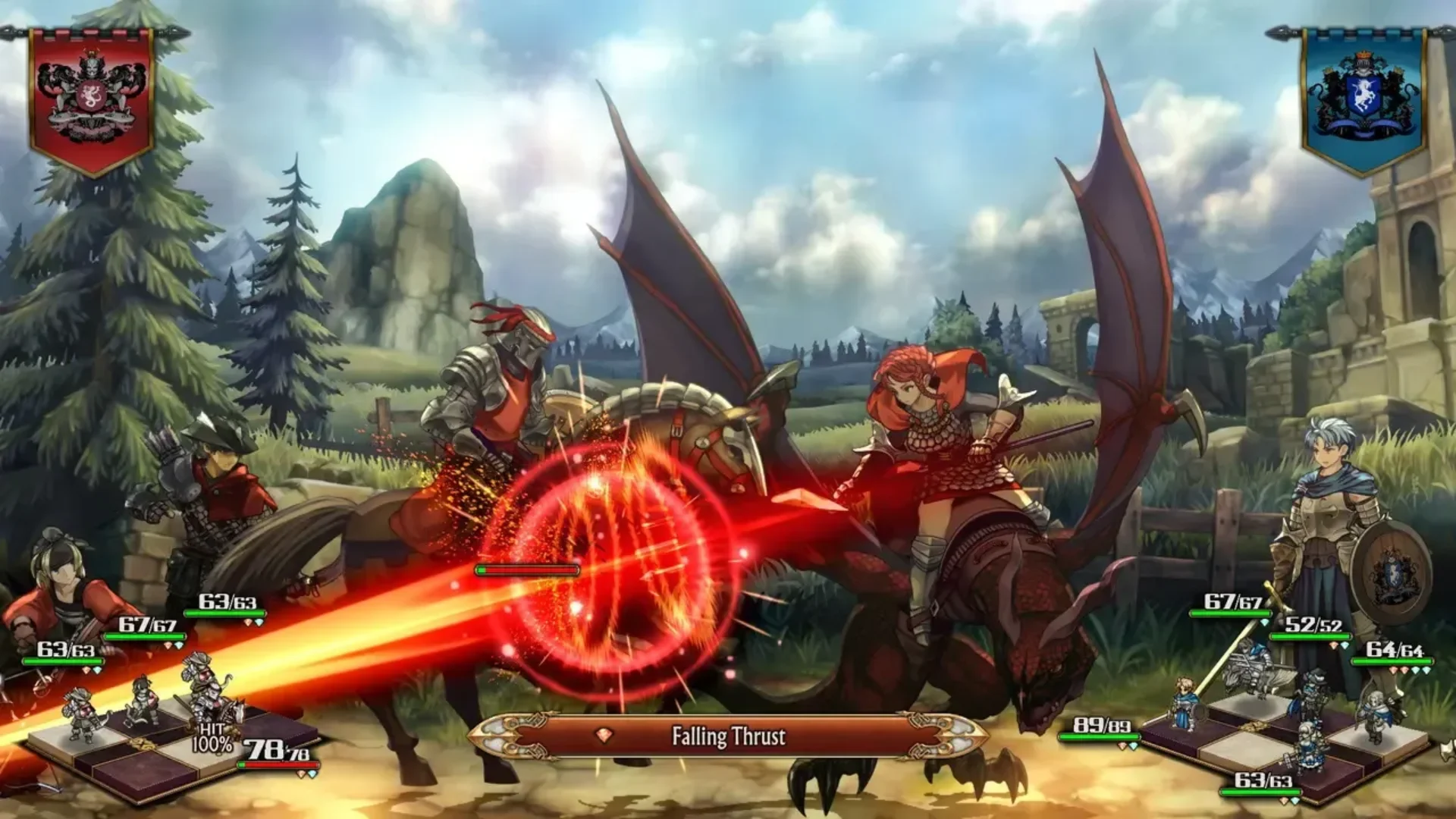 Infantry and mounted units clash with a dragon rider during a battlefield encounter in Unicorn Overlord.